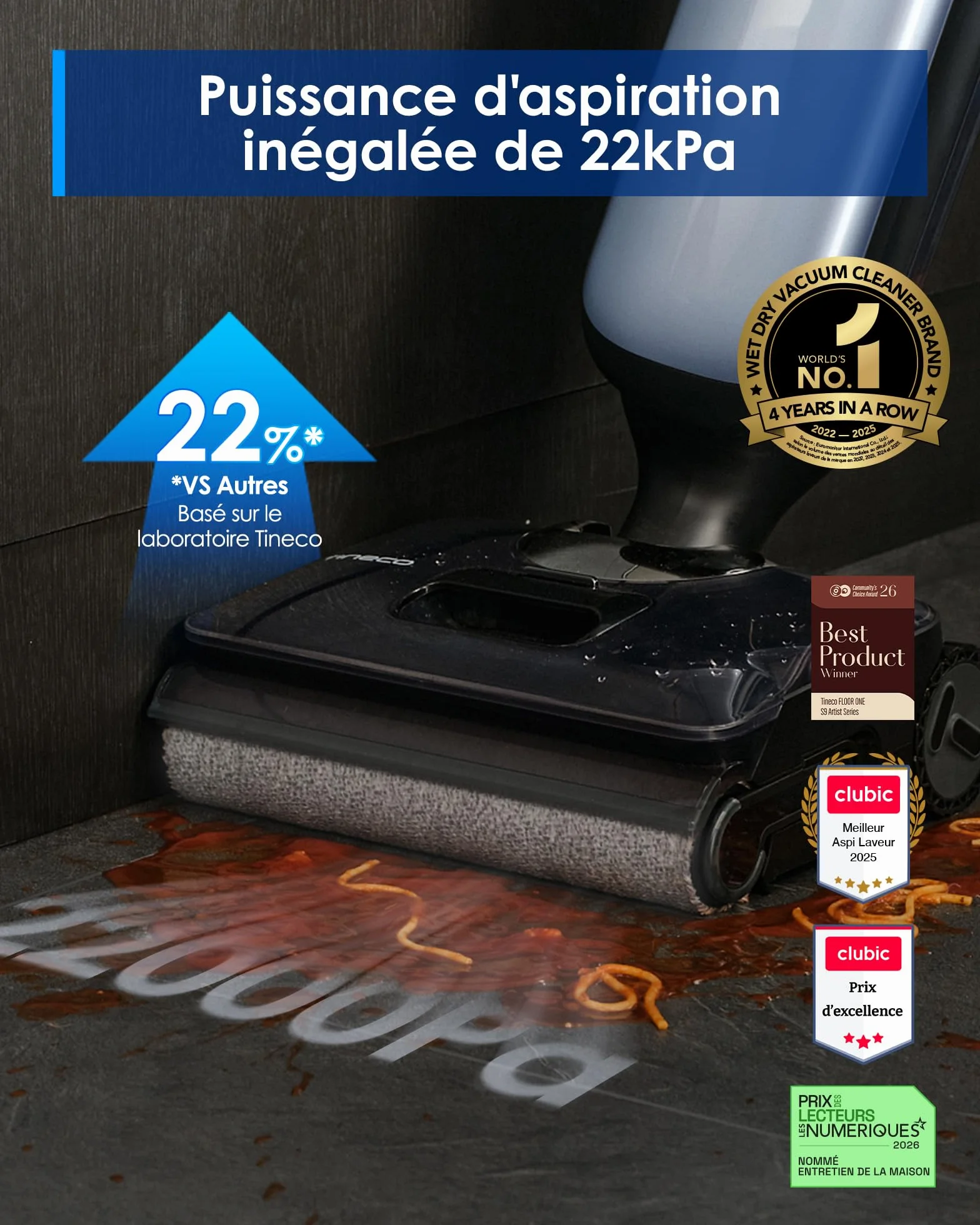 Tineco Floor One S9 Artist Aspirateur Laveur 22 000Pa 360° SmoothDrive Anti-emmêlement 50 Min Autonomie FlashDry 85°C