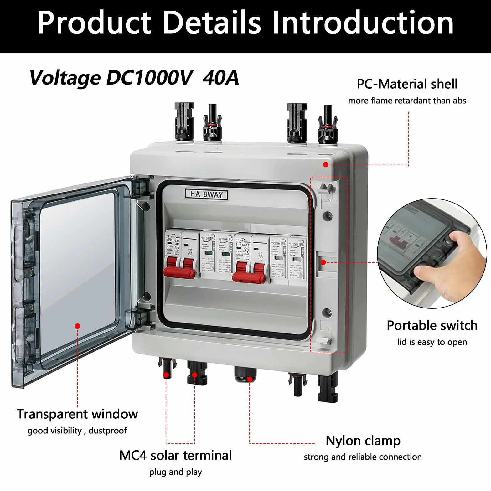 Disjoncteur DC Protection Contre Les Surtensions PV 2 Chaînes 1000V 40A 20-40KA IP65 Boîte Connexion Solaire