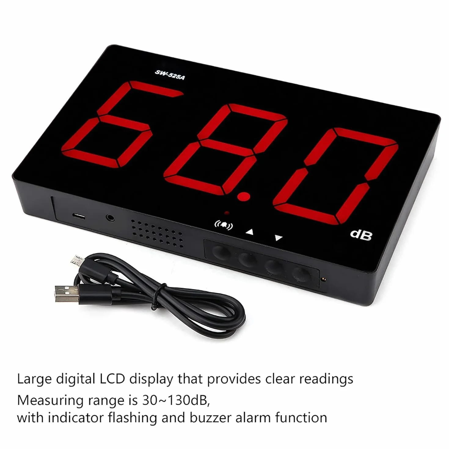 Sonomètre Numérique SW-525A 30~130dB Monté au Mur avec Affichage LCD Seuils d'Alarme USB
