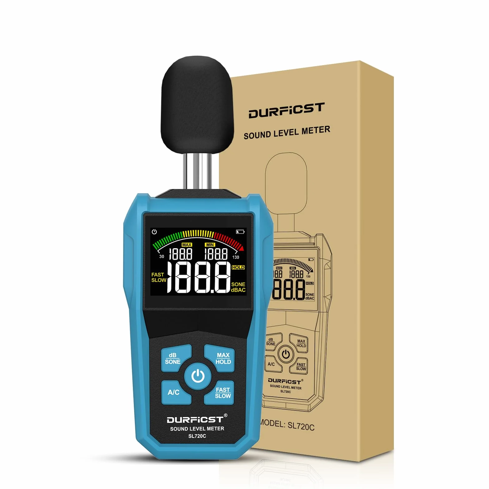 Sonomètre DURFICST Decibelmetre dB SONE Commutation Rapide Écran Couleur LCD Rétroéclairage Pondéré A/C