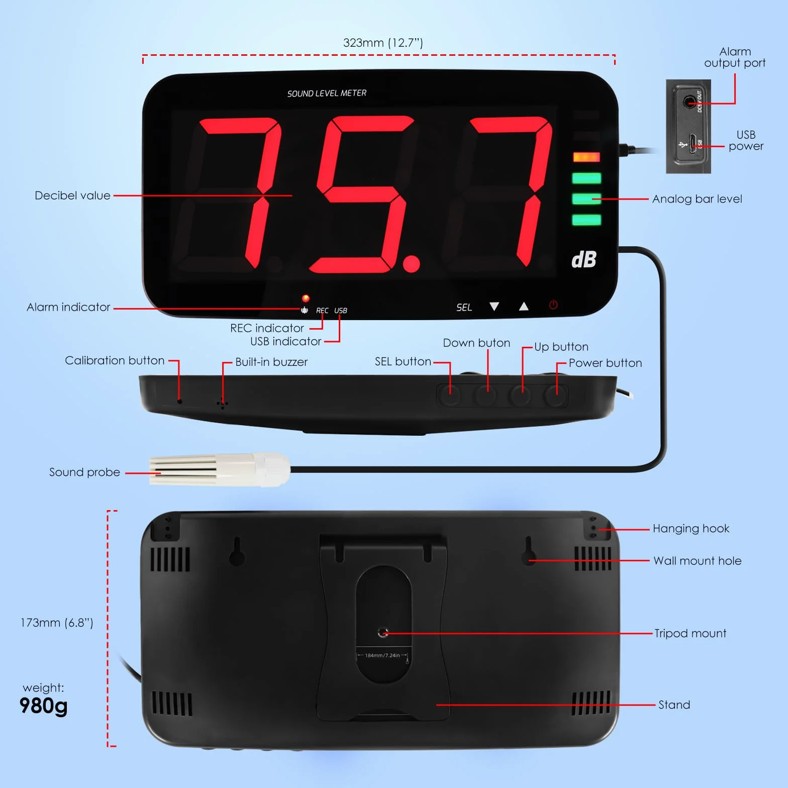 Sonomètre Numérique 30~130dB Écran Large HD 13" Mesure de Bruit Décibelmètre Alarme de Bruit Enregistrement de Données
