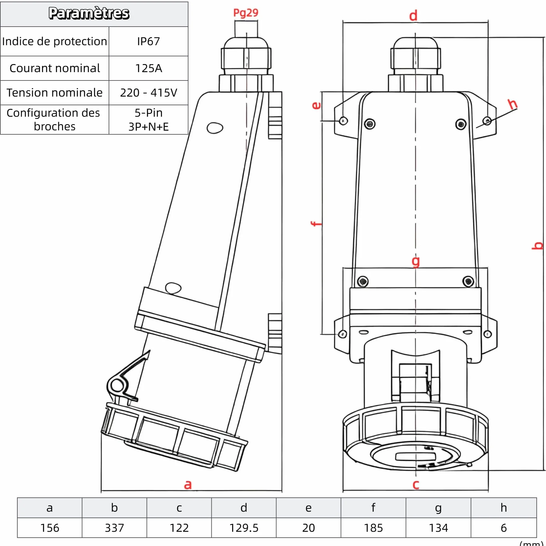 Prise CEE 125A 5 Broches IP67 Industrielle Étanche Mâle-Femelle