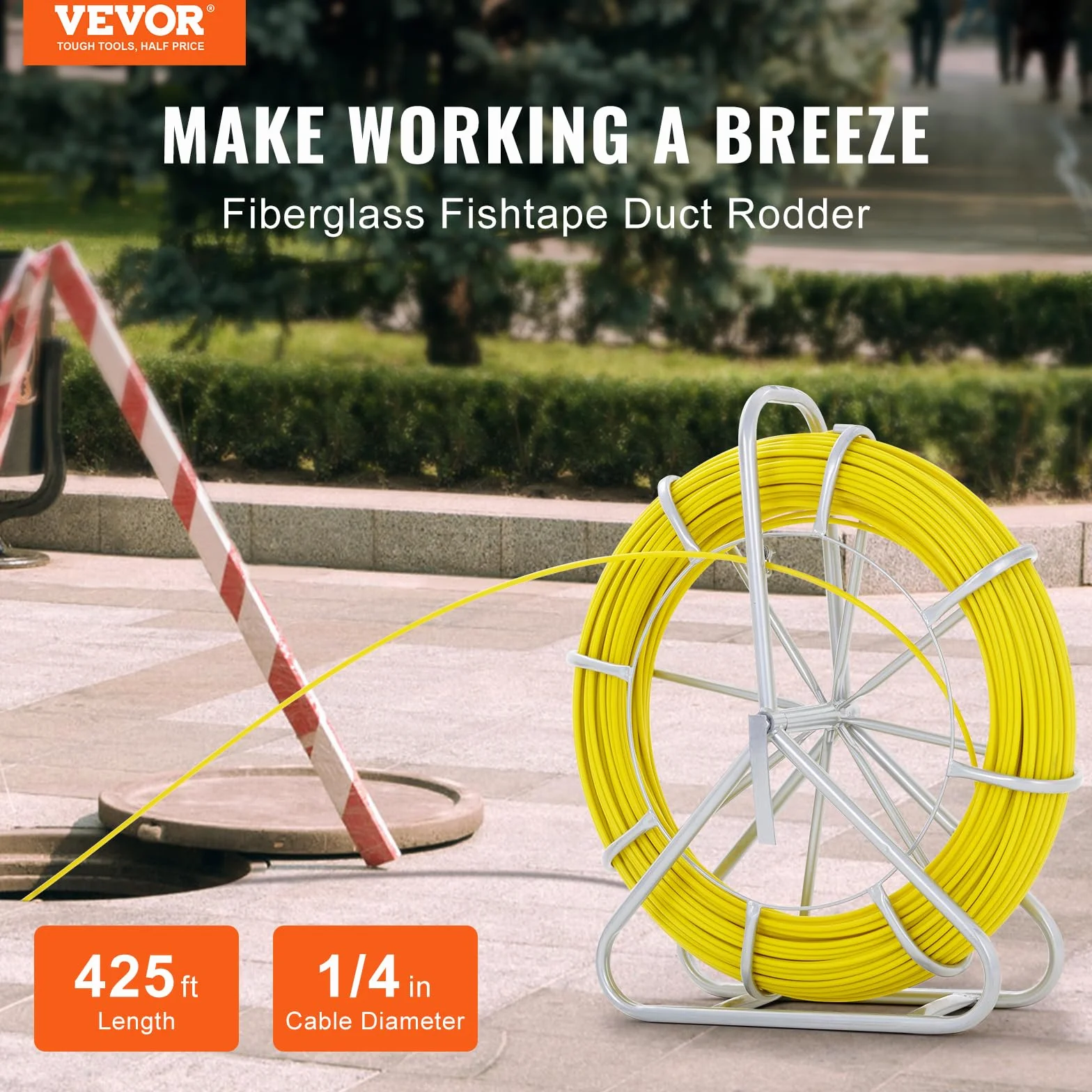 VEVOR Ruban à Poisson en Fibre de Verre 129,5 m 6,35 mm Aiguille Électricien Tirage Câble Extracteur Bobine Conduit Support Acier 3 Têtes
