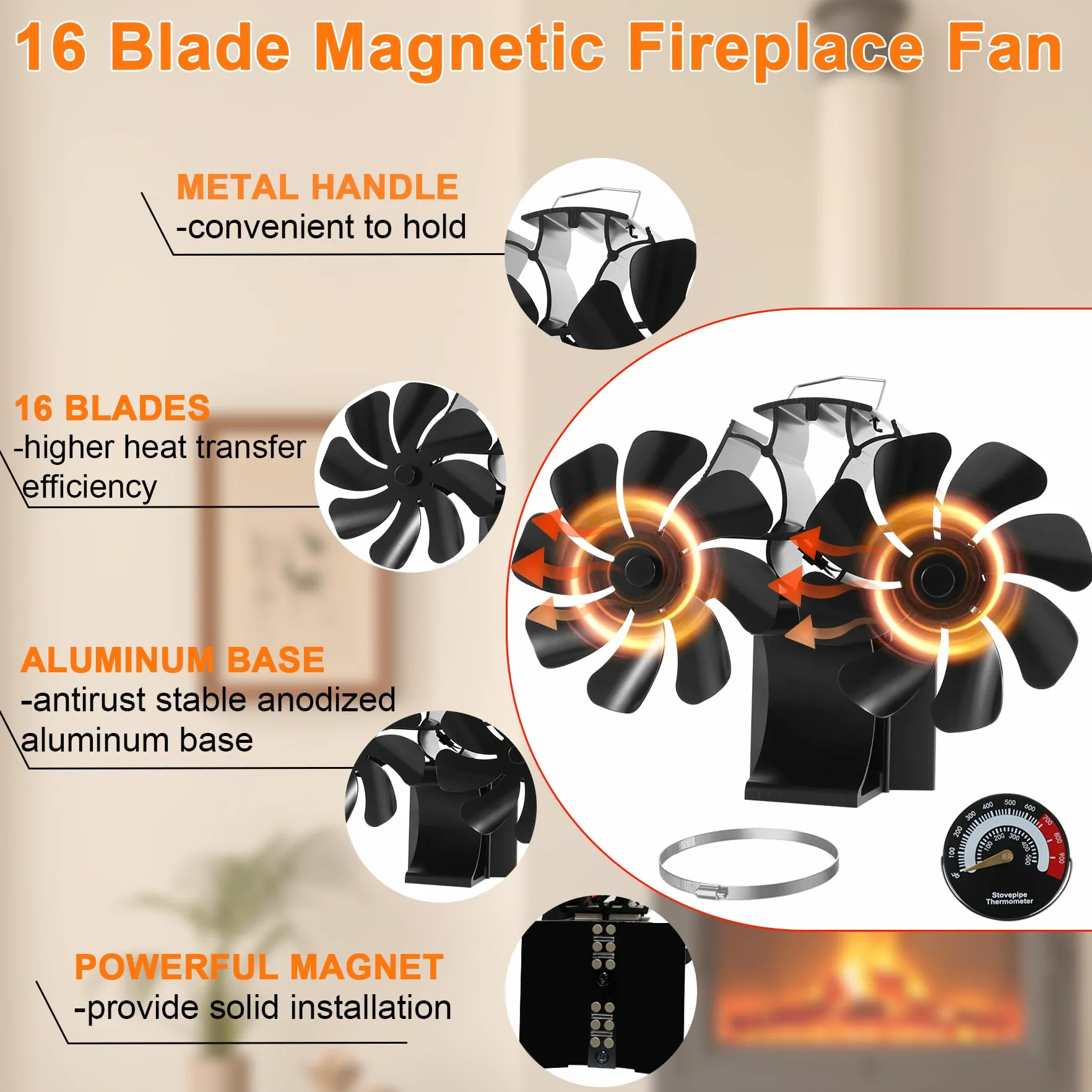 Ventilateur de cheminée magnétique 3 en 1 sans électricité avec thermomètre pour bois foyer tuyau de poêle