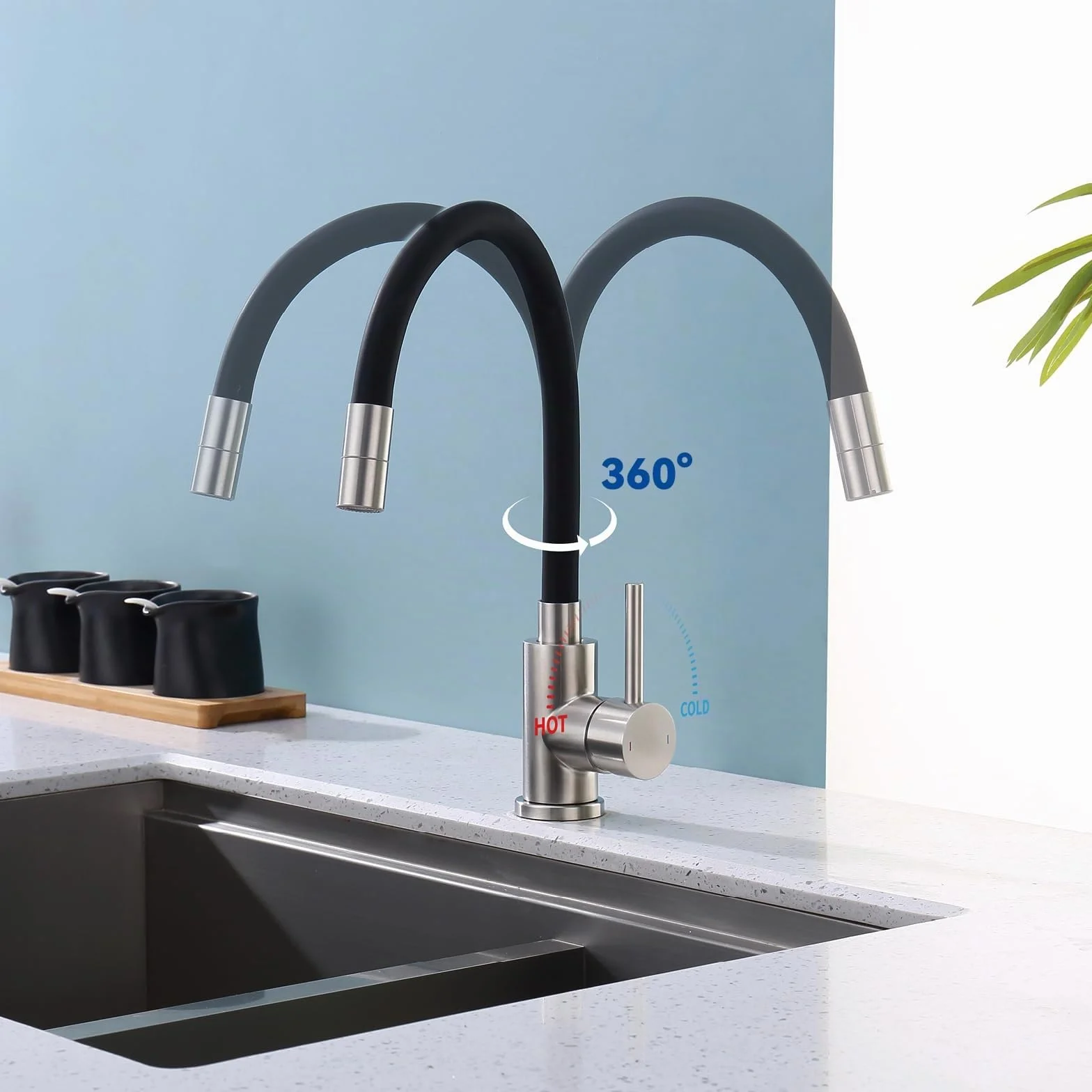 Robinet Cuisine Noir Acier Inoxydable Pivotant 360° 2 Jets Mitigeur Évier