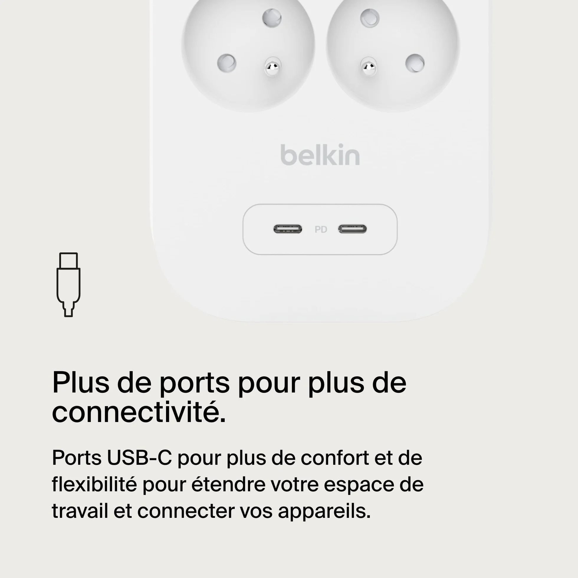 Belkin Multiprise parafoudre USB 8 prises 2 ports USB-C recharge rapide PD 900 joules