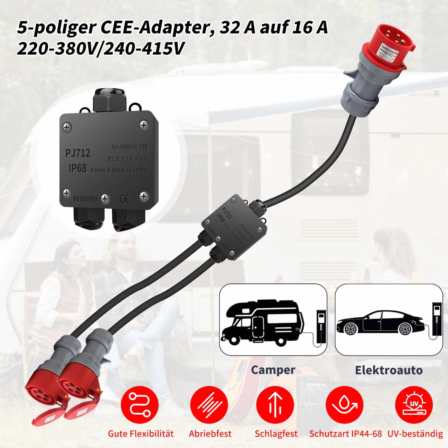 Adaptateur CEE 32A vers 16A 2 Prises 230V 5 Broches Rallonge IP44-68 1,5m Répartiteur Courant Fort