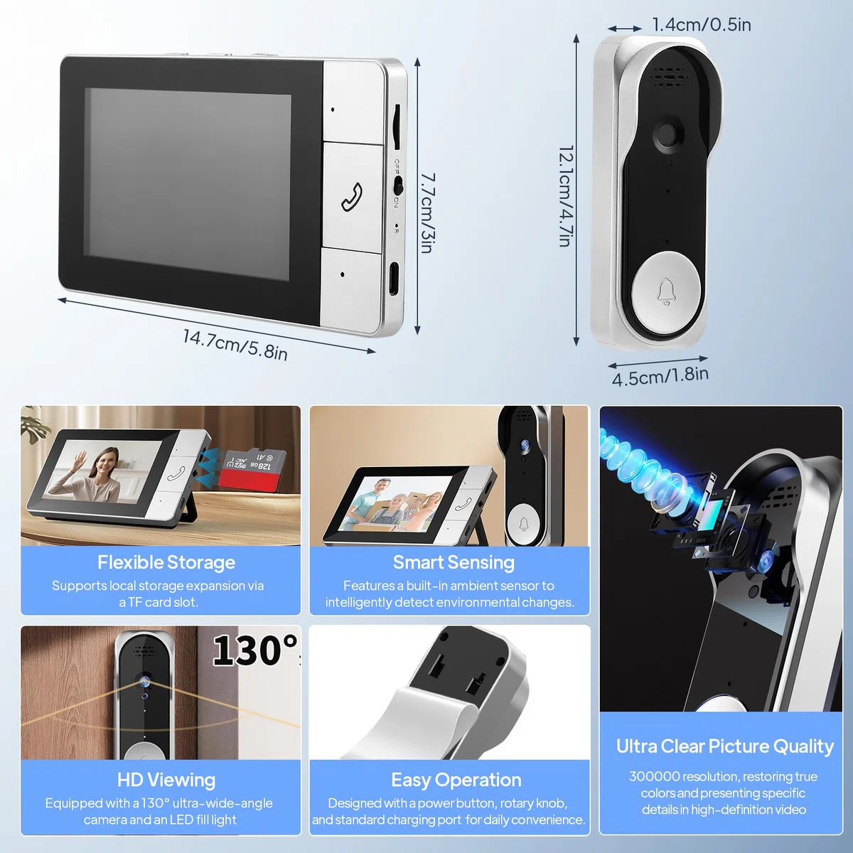 Sonnette sans Fil avec Caméra IP65 1080p, Visiophone Vidéo Extérieur Écran 4.3" Audio Bidirectionnel Vision Nocturne
