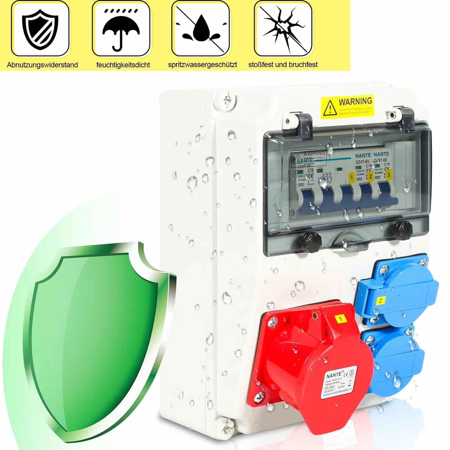 Fiqops Répartiteur d'alimentation 16 A mural avec interrupteur LS, FI, 2 x 16 A 230 V + 1 x CEE 16 A 400 V 5 broches