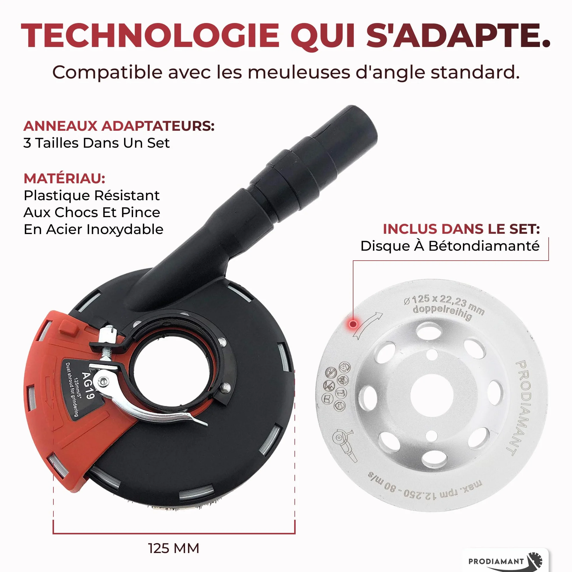 PRODIAMANT Kit capot d’aspiration avec brosses pour meuleuse d’angle 125 mm