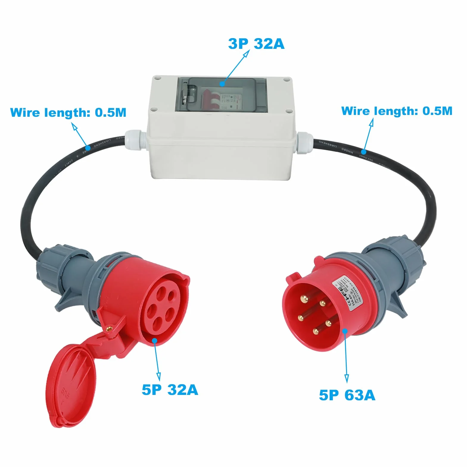 Adaptateur CEE 63 A 400 V vers 32 A 400 V IP44 Courant fort Câble H07RN-F 5G6
