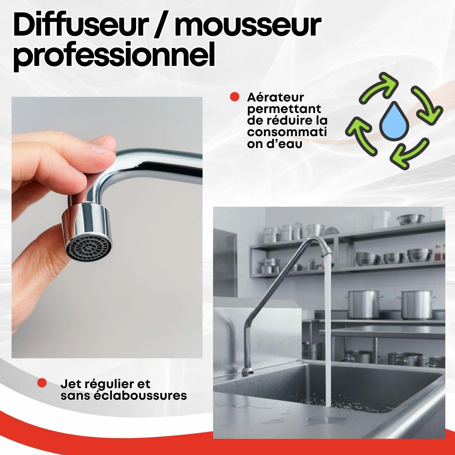 Bec haut rotatif avec aérateur pour robinet à pédale de cuisine industrielle – Col de cygne chromé en acier inoxydable