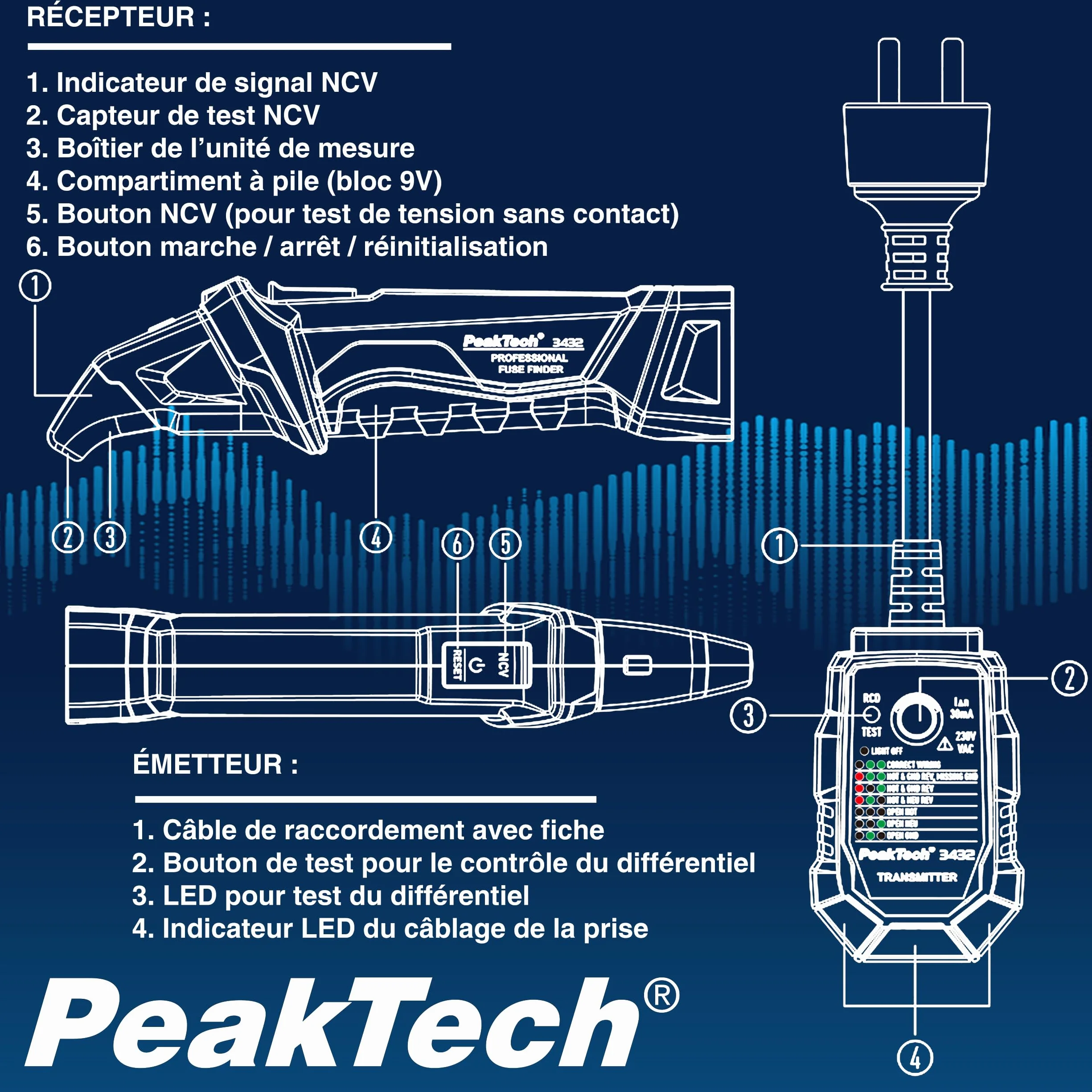 PeakTech 3432 Détecteur de fusibles circuit électrique testeur de prise 230 V Schuko NCV Testeur de tension Bleu