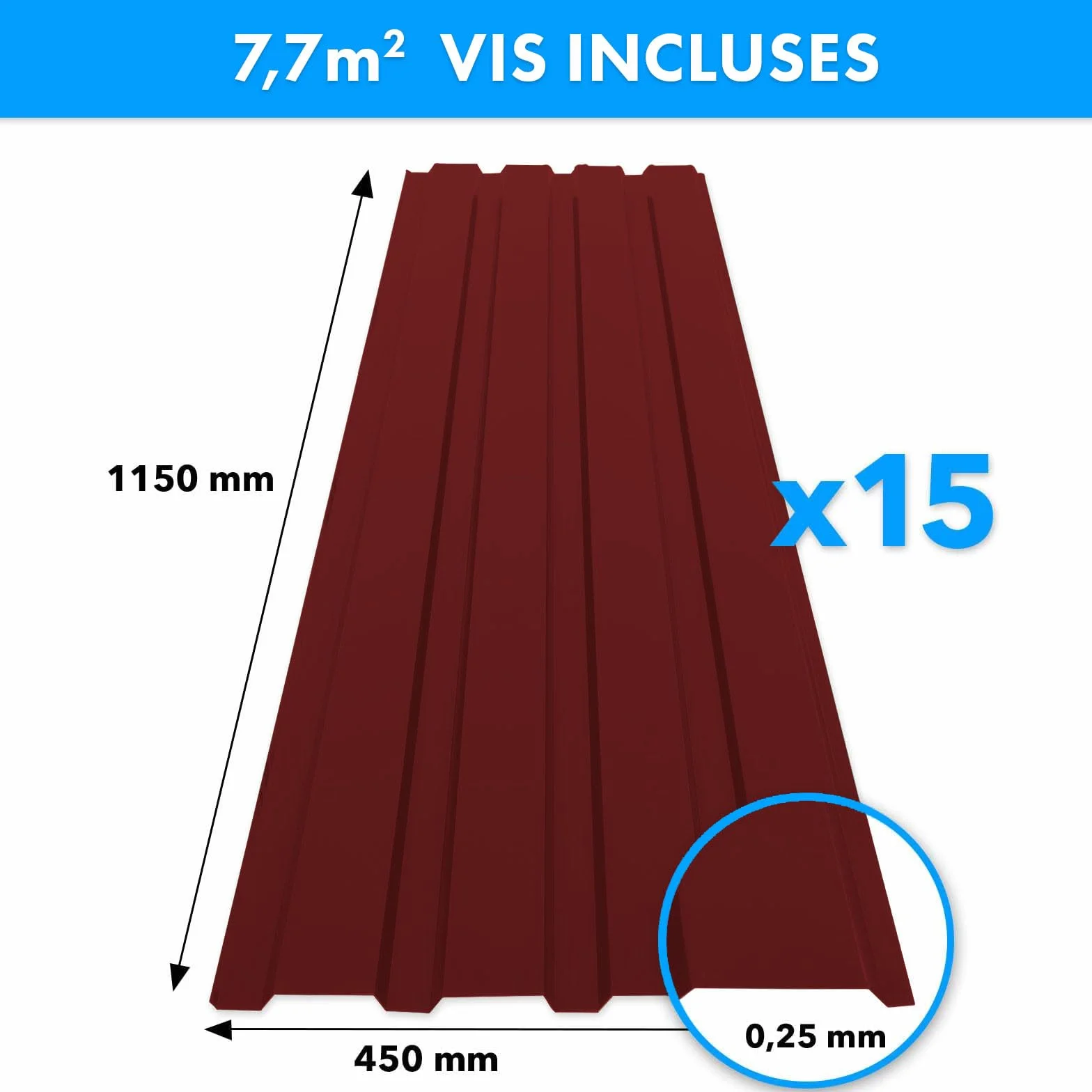 Bardage métal ondulé toiture 7,7 m² 115x45 cm 0,25 mm Rouge Bordeaux Anti-Rouille UV