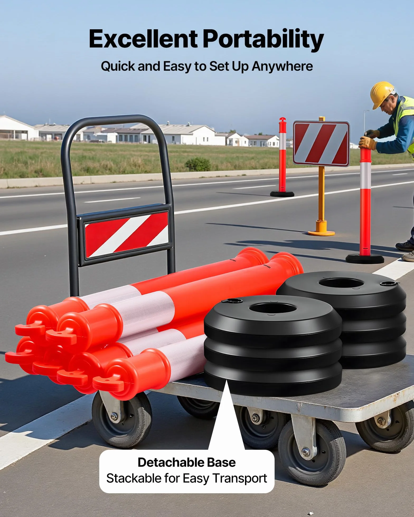 VEVOR Poteau de Signalisation 114 cm, Balise de Délimitation avec Base Remplissable, Bandes Réfléchissantes, Rouge
