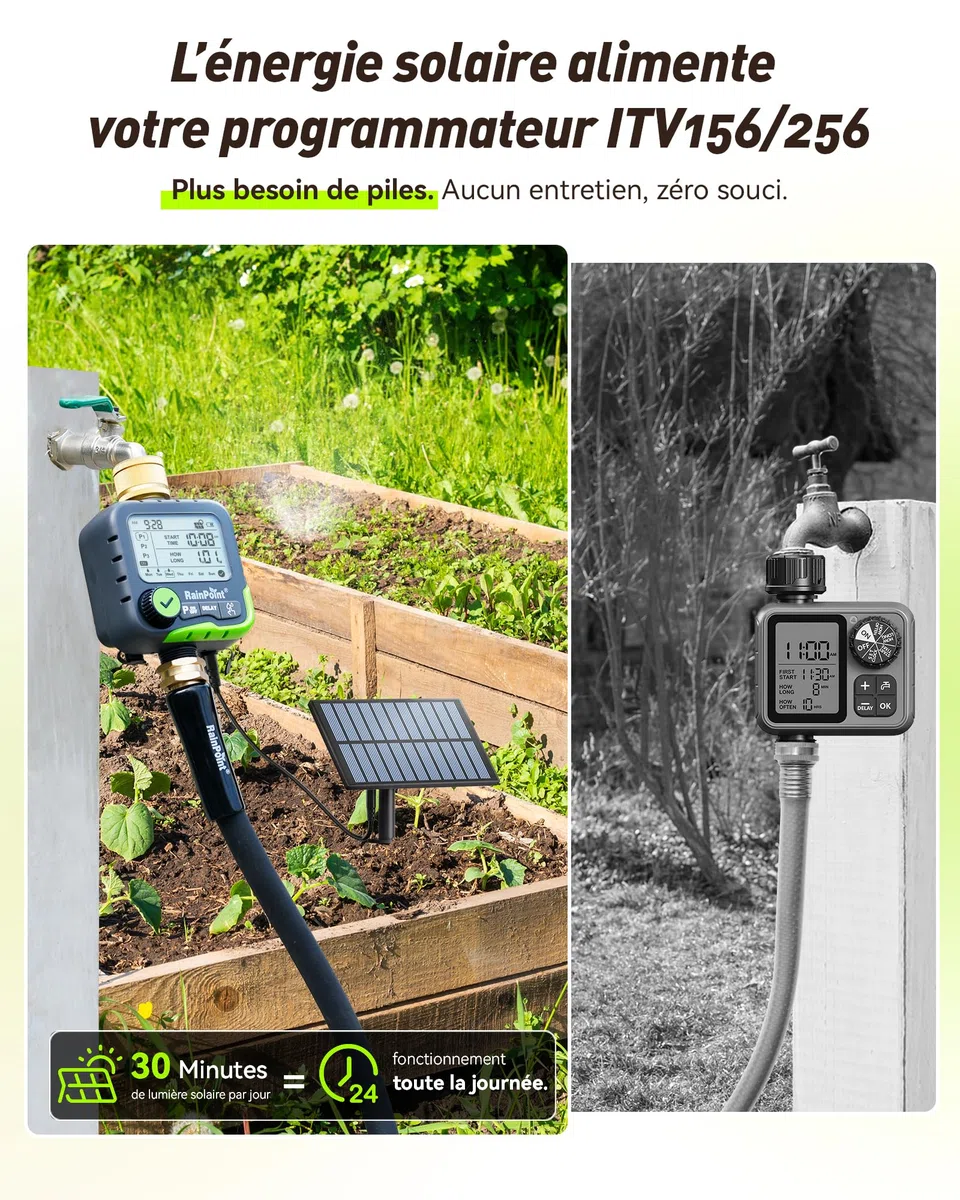 RAINPOINT ITV156 Kit d'arrosage solaire avec minuterie pour robinet de jardin, panneau solaire et 2 piles AA, 3 programmes indépendants