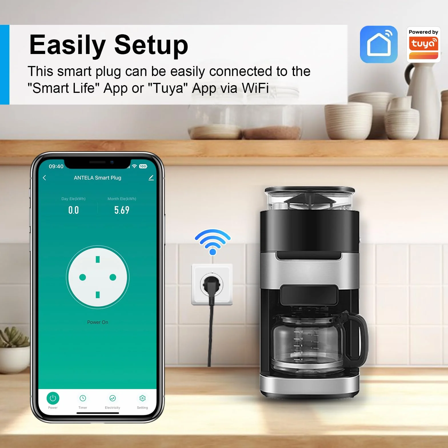 ANTELA Prise Connectée WiFi 16A 3680W Mesure Consommation Électrique, Prise Intelligente Alexa Google Home APP Contrôle Horaires Minuterie
