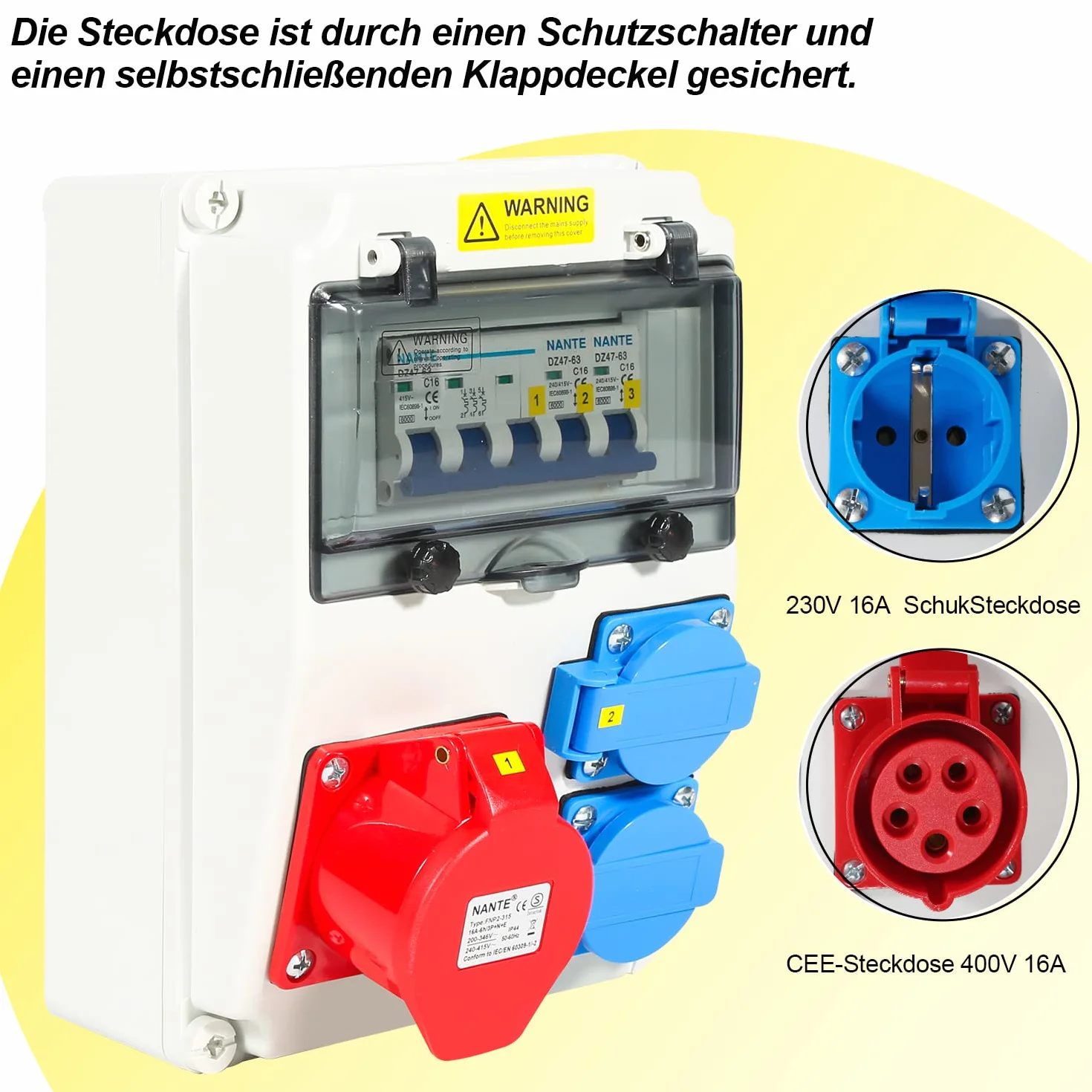 Fiqops Répartiteur d'alimentation 16 A mural avec interrupteur LS, FI, 2 x 16 A 230 V + 1 x CEE 16 A 400 V 5 broches