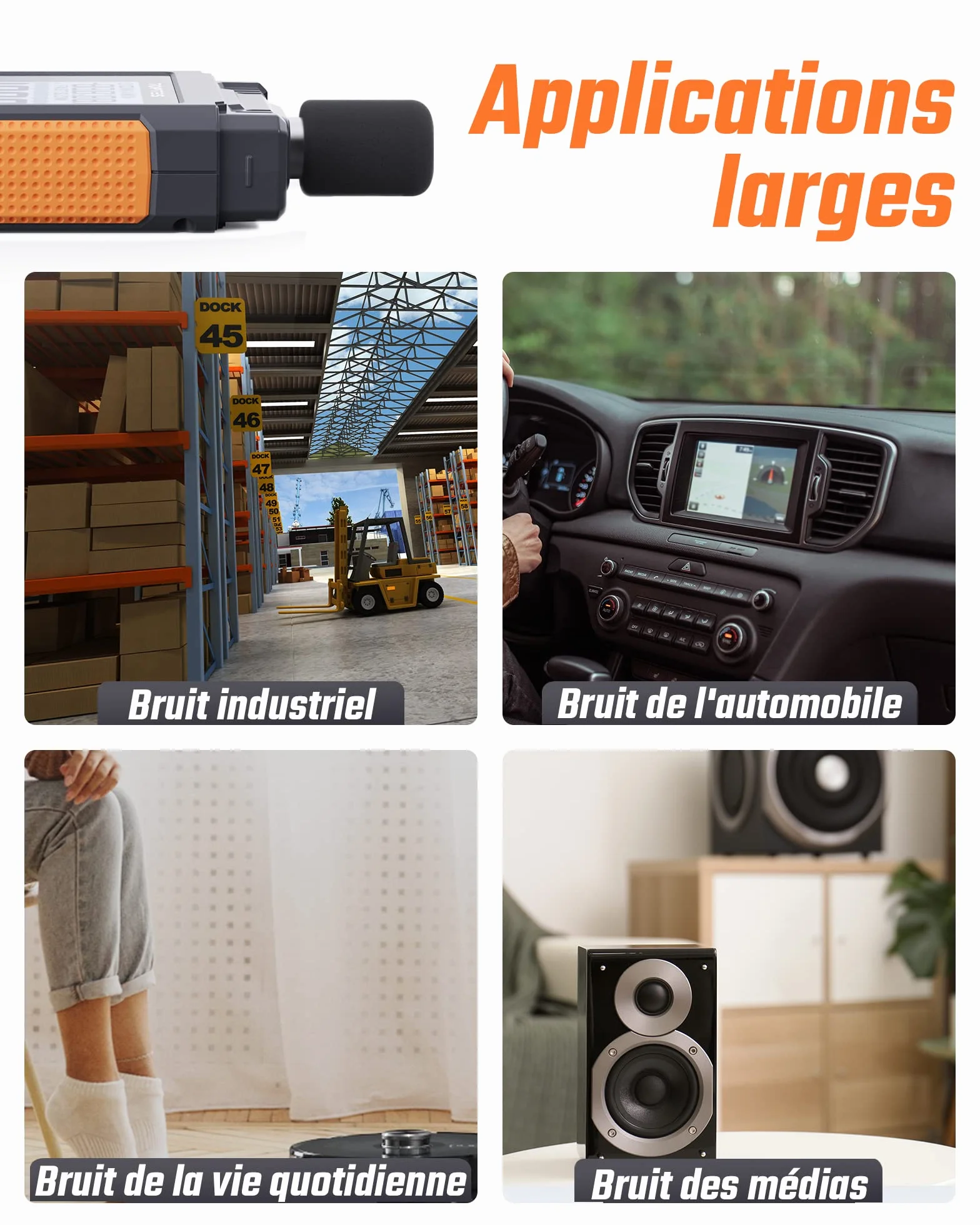 TopTes TS-501B Sonomètre Décibelmètre LCD rétroéclairé 2,25 pouces 30-130 dB pondéré A/C MAX/MIN Orange