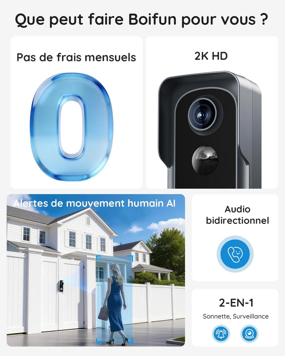 BOIFUN Sonnette sans Fil Exterieur IP65 2K 3MP Wi-Fi 2,4 GHz Grand Angle 166° Vision Nocturne Noir