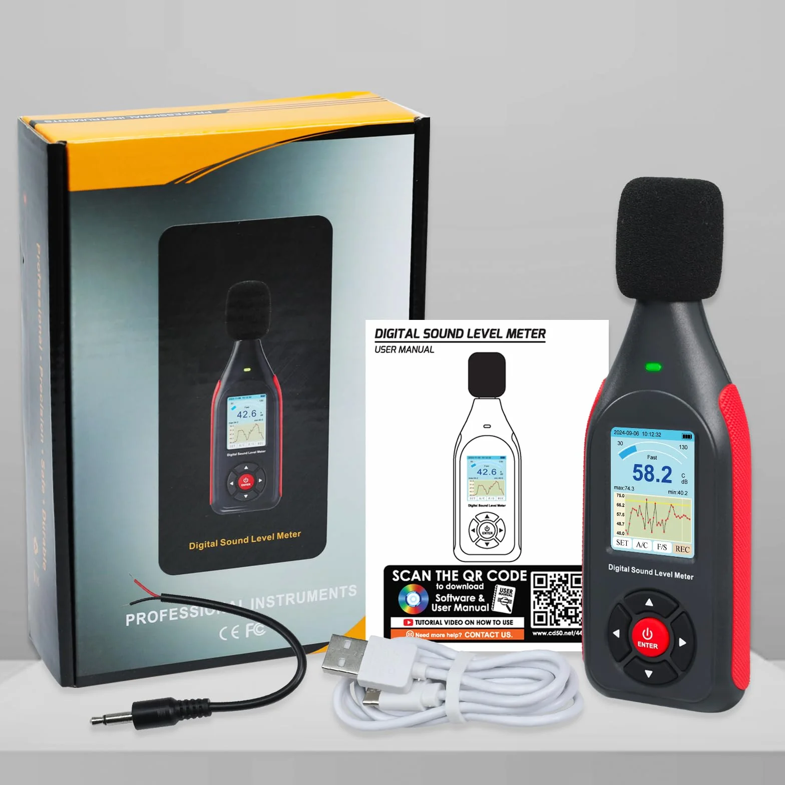 Sonomètre Décibelmètre Datalogger avec Pondération A/C, Réponse Rapide/Lente, 43000 Enregistrements, USB/PC, Alarme LED Tricolore