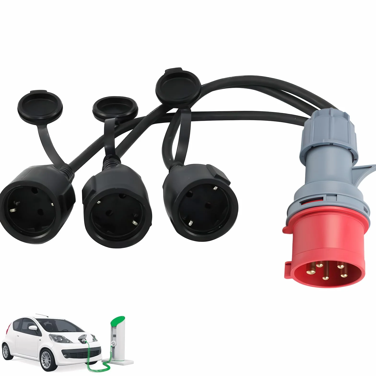 Adaptateur Prise Triphasée vers Monophasé 16A 400V vers 3 Prises 230V avec Couvercle et Bouchon de Sécurité