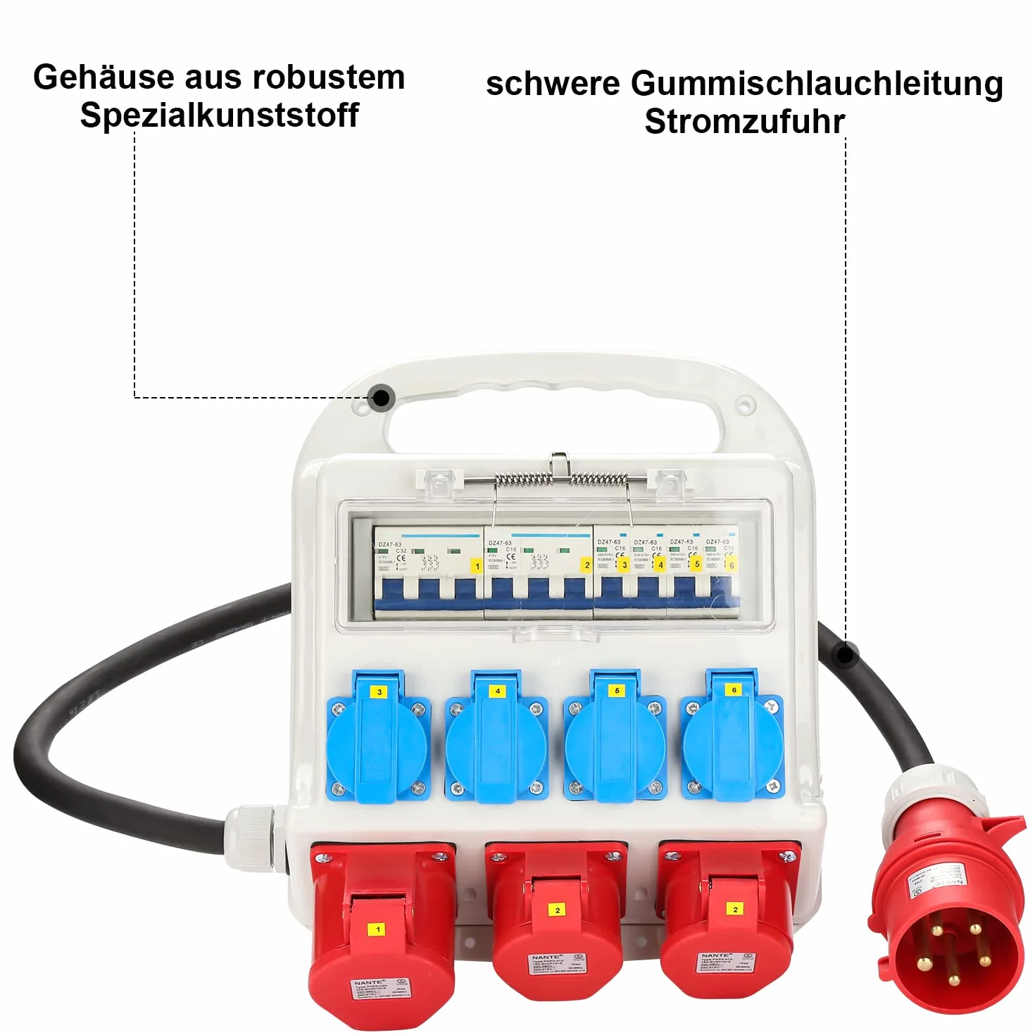 Daromigo Rozdzielnica budowlana 2x CEE 16A 400V 1x CEE 32A 400V 4x Schuko 230V IP44 5-biegunowa