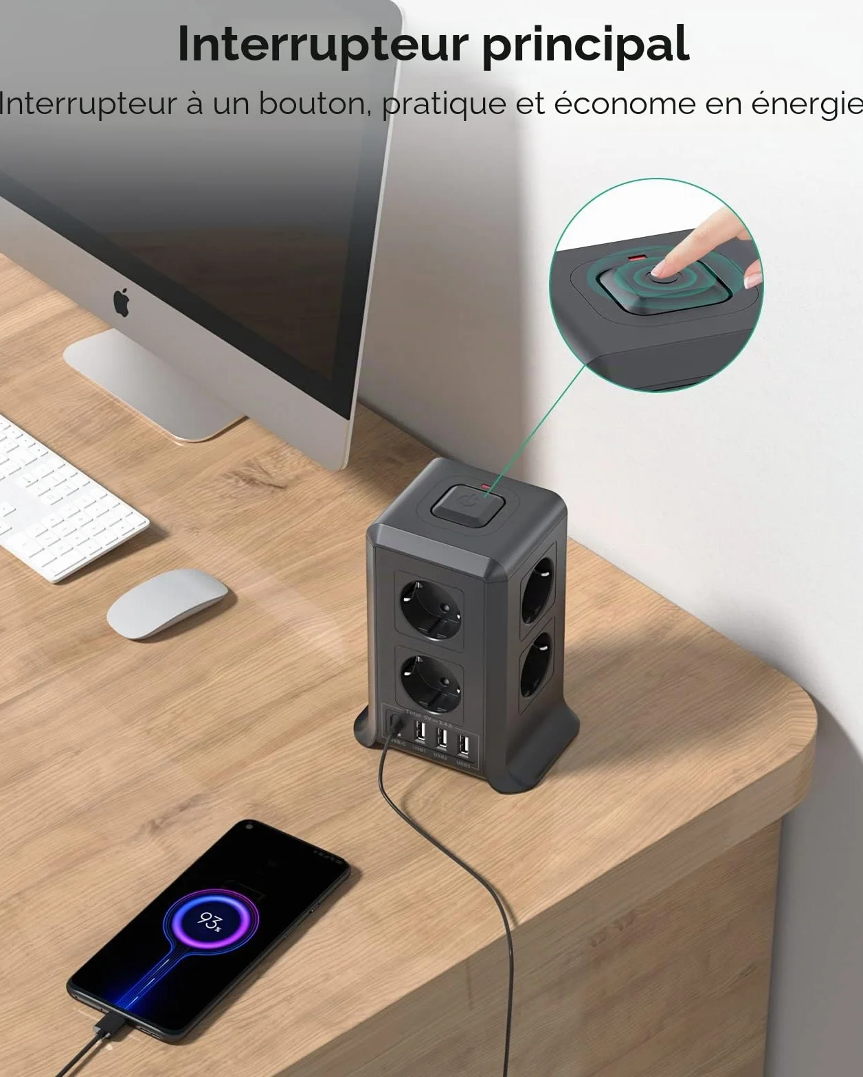 Multiprise 8 Prises 4 USB Parafoudre Surtension 2M Câble