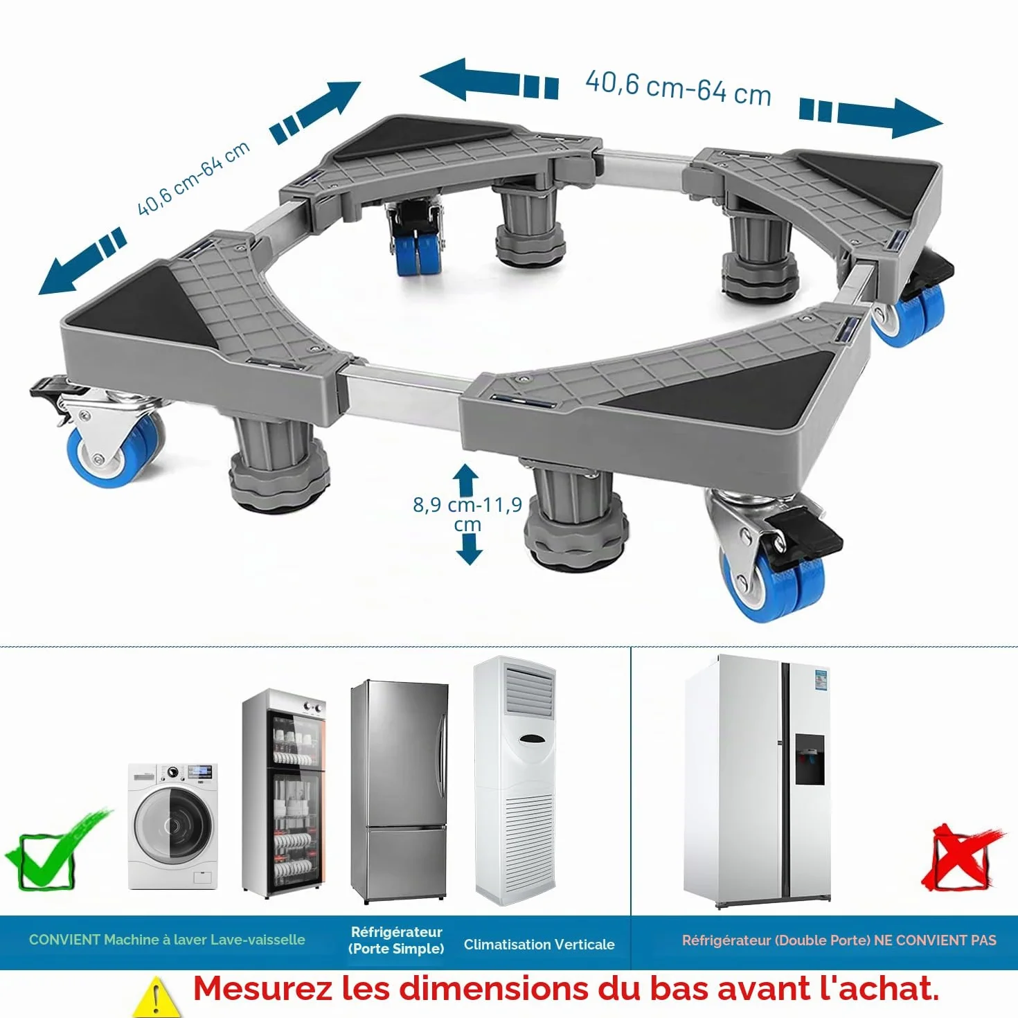 Base de Réfrigérateur Machine à Laver Réglable 41.5cm-65cm Socle avec 4 Roues