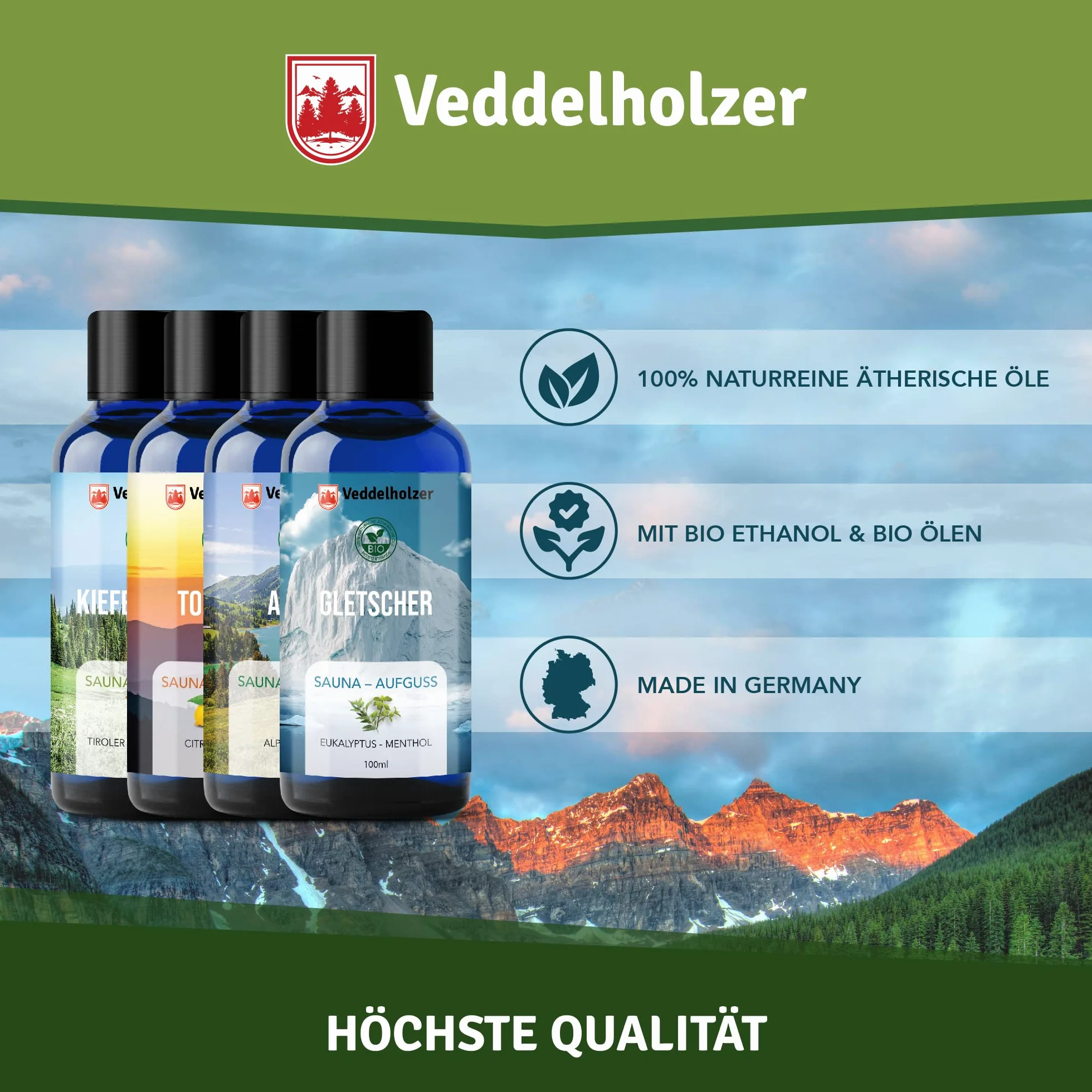 Veddelholzer Ensemble de sauna bio huiles essentielles pures 4 x 100 ml set