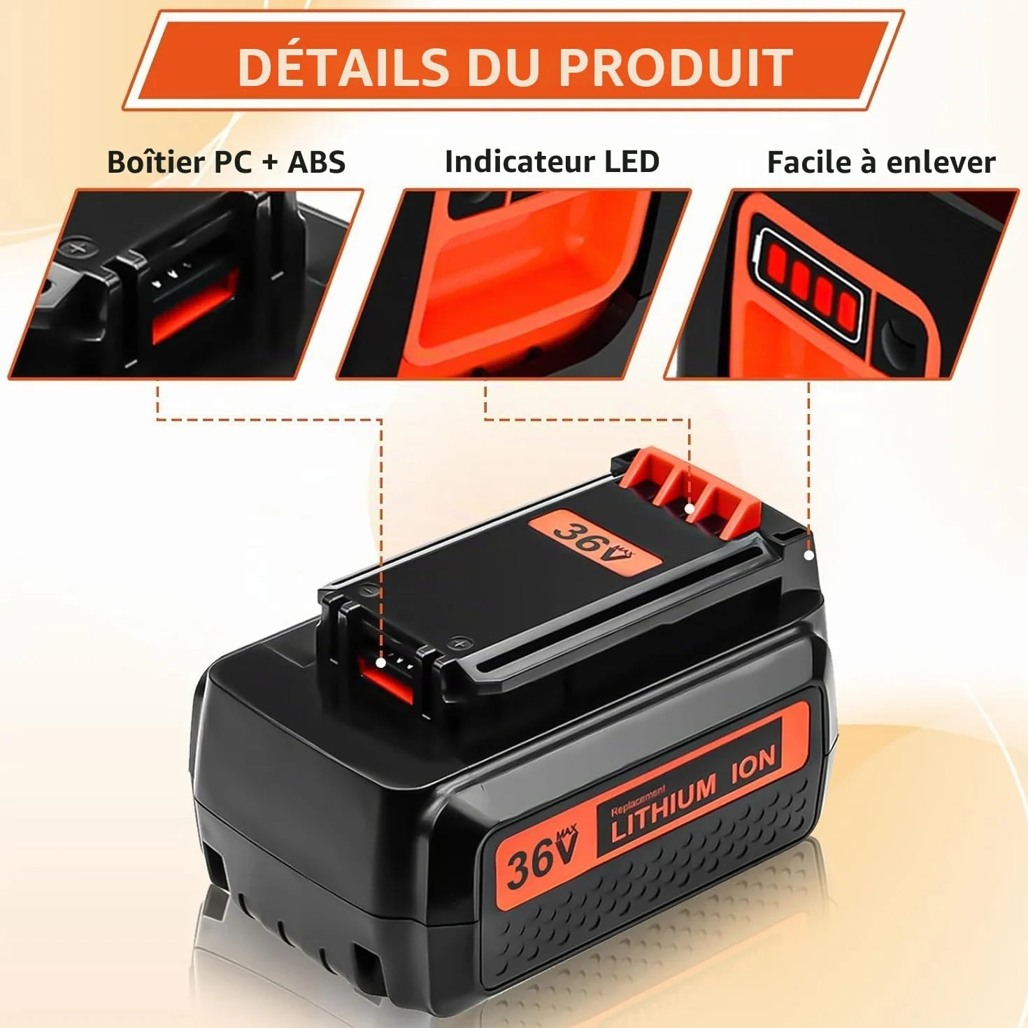 Batterie 36V 2500mAh Remplacement pour Black Decker LBX2040 LBX2540 LBX1540 avec écran LED