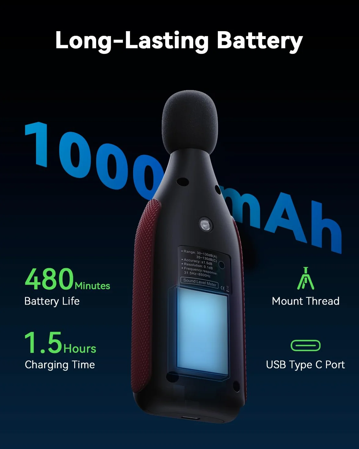Wintact Sonomètre Décibelmètre 30-130 dB A/C Rechargeable WT1355A