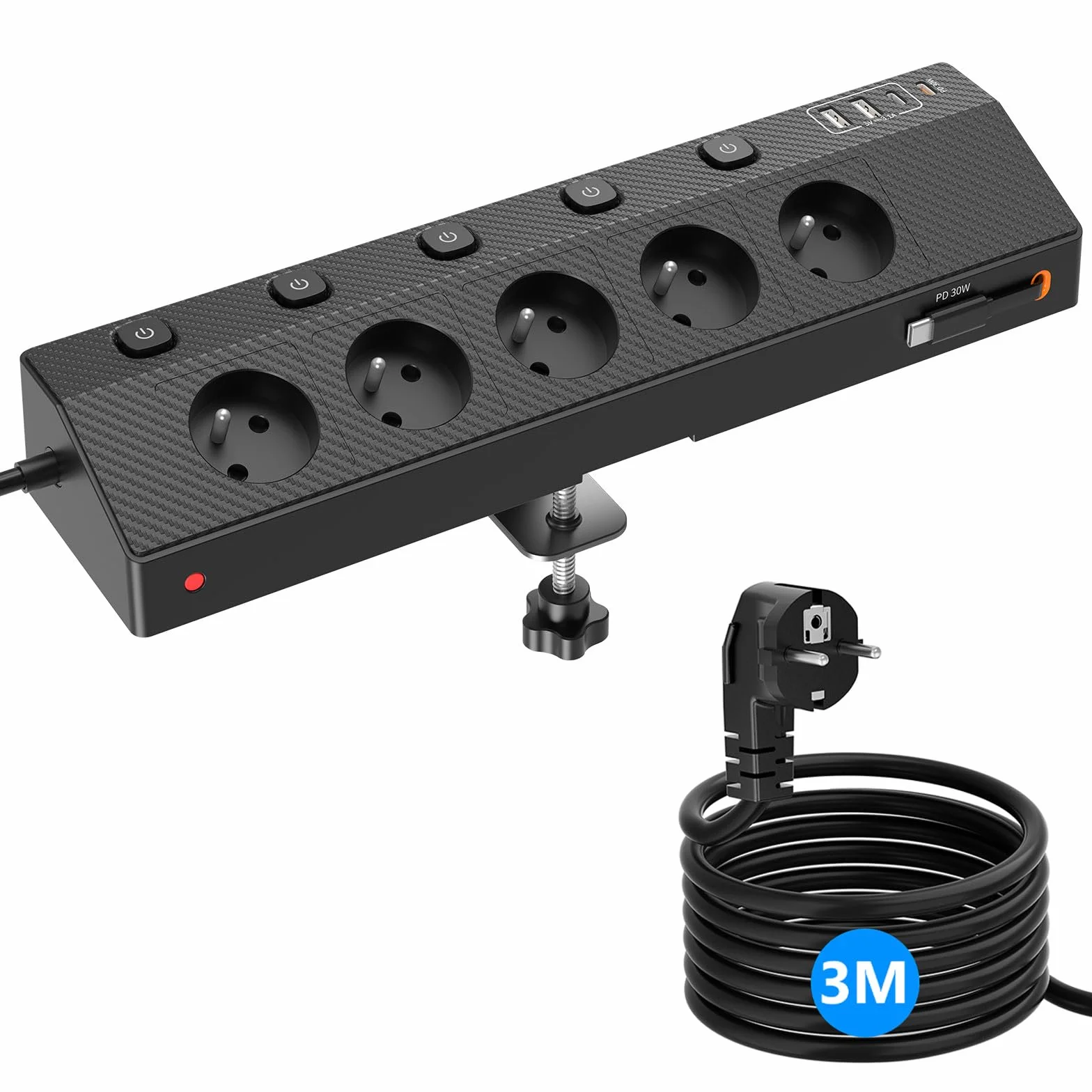 Multiprise Française USB PD 30W 5 Prises Secteur 5 USB 4000W Parafoudre Surtension 3M Noir
