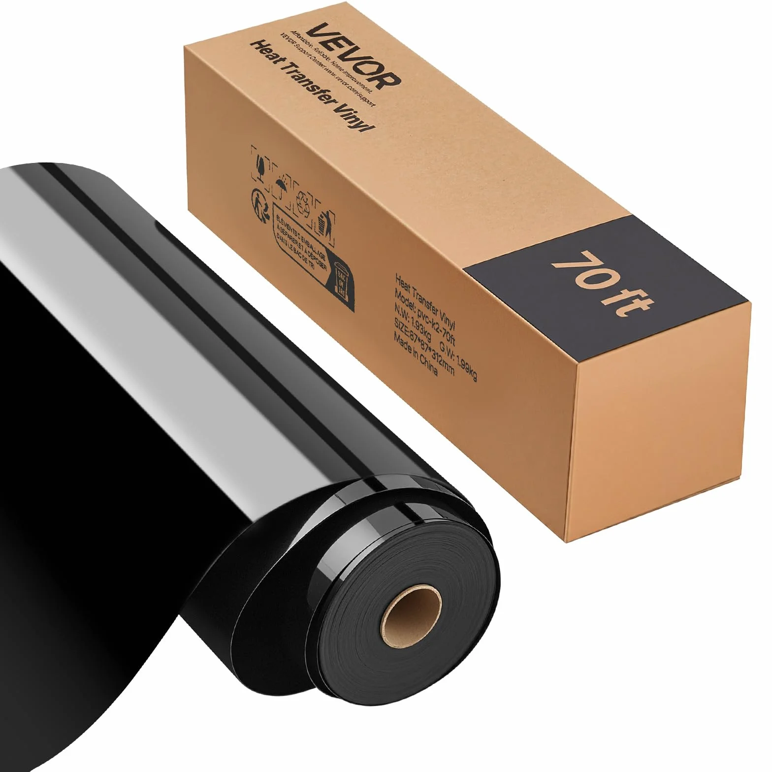 VEVOR Rouleau Vinyle Thermocollant Noir Brillant 30,48x2133,6 cm, Flex HTV Forte Adhérence pour Machine de Découpe