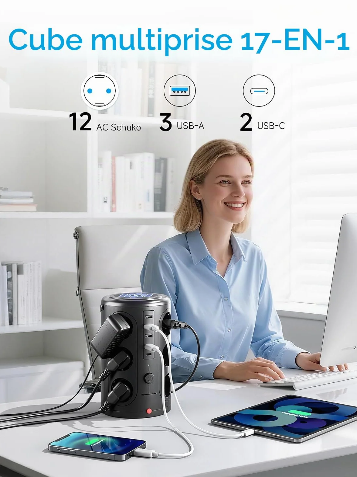 Tour Multiprise Parafoudre 12 Prises 5 USB 2M Cordon Noir