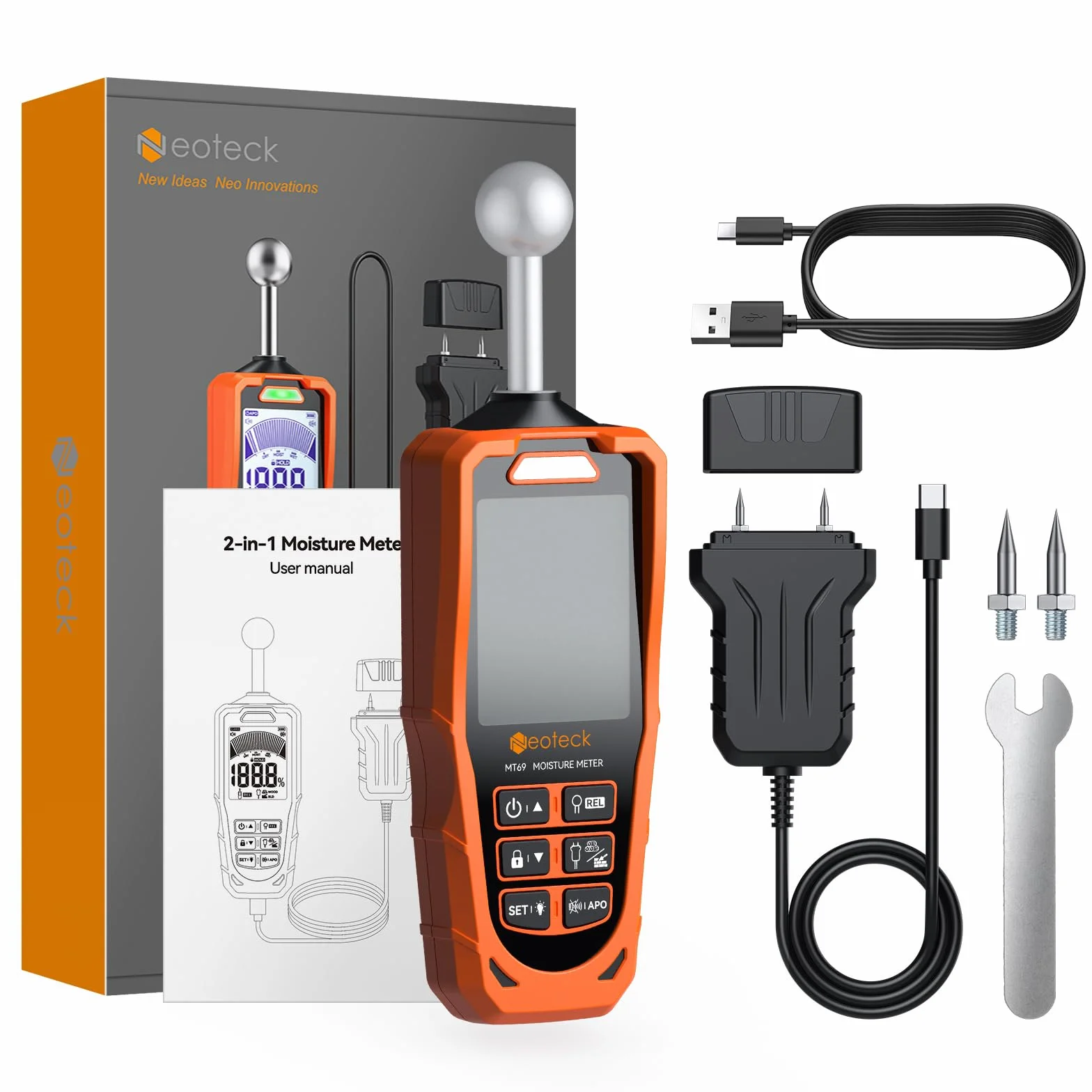 Neoteck Testeur Humidité 2 en 1 à Sondes Sphérique et à Aiguilles ±2.5% pour Bois Béton Humidimètre Numérique LCD