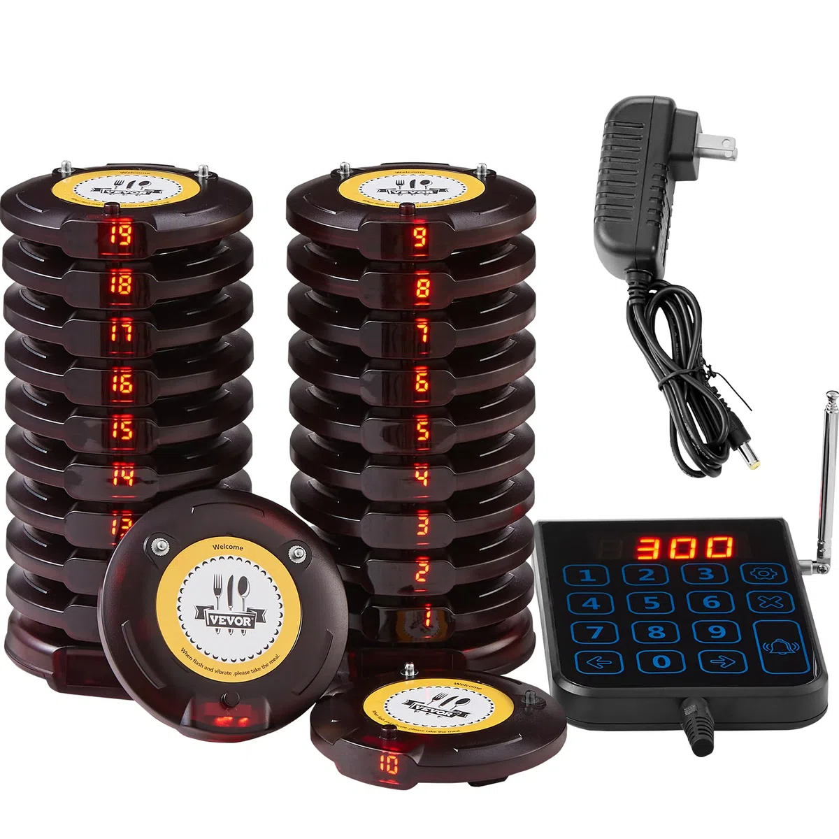 VEVOR Système de Téléavertisseur Restaurant sans Fil 500 m 20 Buzzers Vibration Clignotant