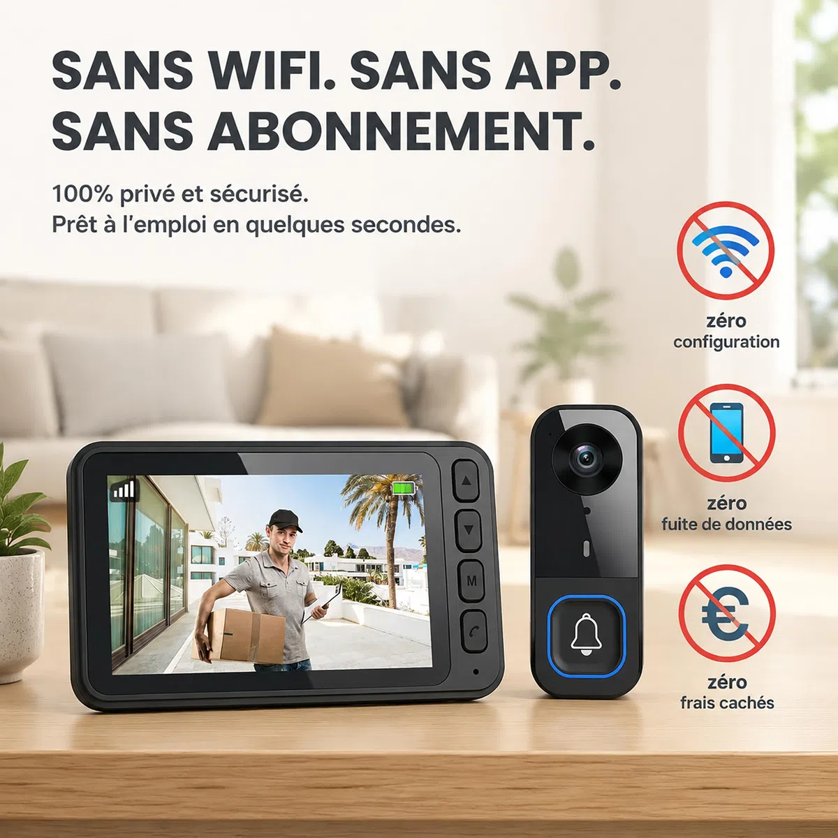 Sonnette sans Fil avec Caméra Extérieure IP65, Visiophone sans Fil Portée 40m, Interphone Vidéo sans Fil 1000mAh, Écran IPS 4.5 Pouces, Vision Nocturne Infrarouge