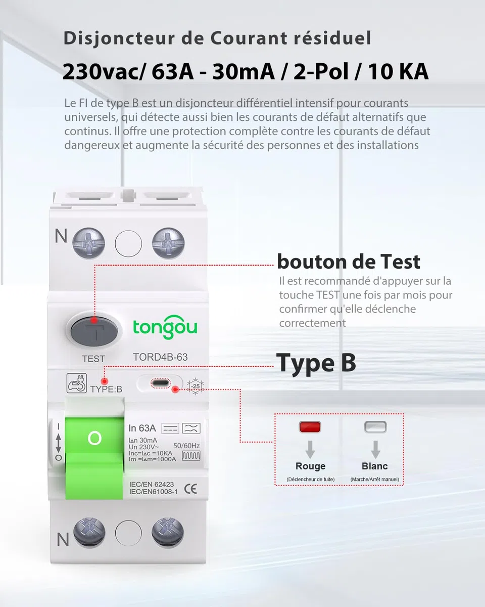 TONGOU Disjoncteur Différentiel 30mA 63A Type B 230V 1P+N