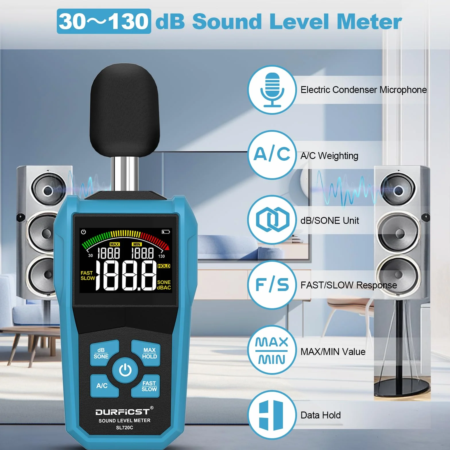 Sonomètre DURFICST Decibelmetre dB SONE Commutation Rapide Écran Couleur LCD Rétroéclairage Pondéré A/C