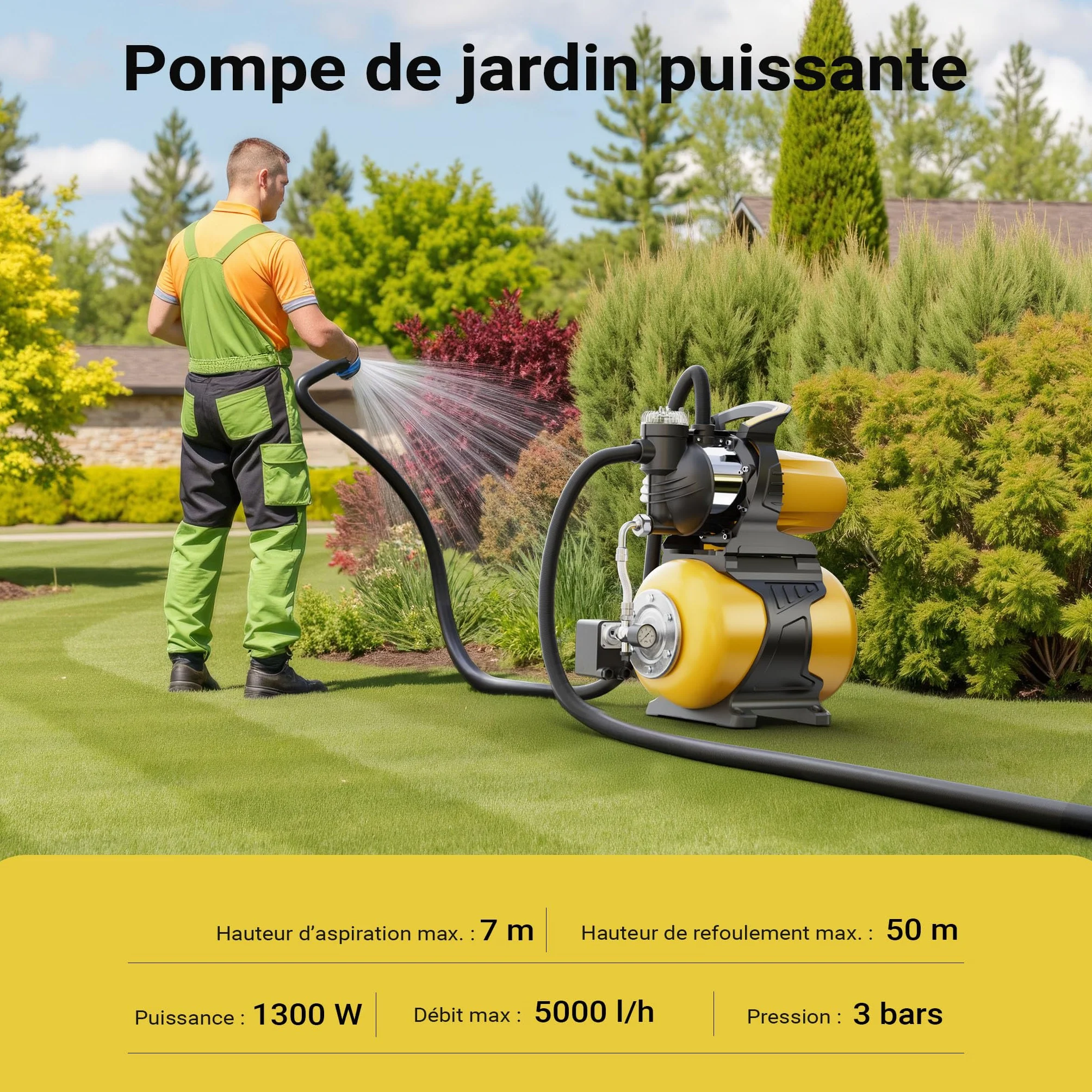 Wiltec Station d'eau domestique 1300 W 5000 l/h H 50 m P 7 m 2850 tr/min réservoir 24 L Arrosage irrigation jardinage