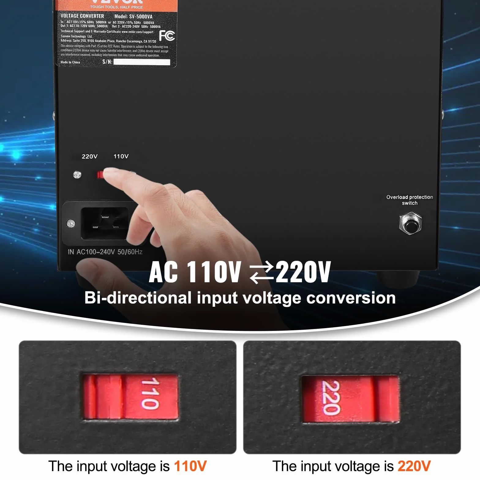 VEVOR Transformateur 220V⇄110V Convertisseur de Tension 5000W avec 3 Prises US et EU