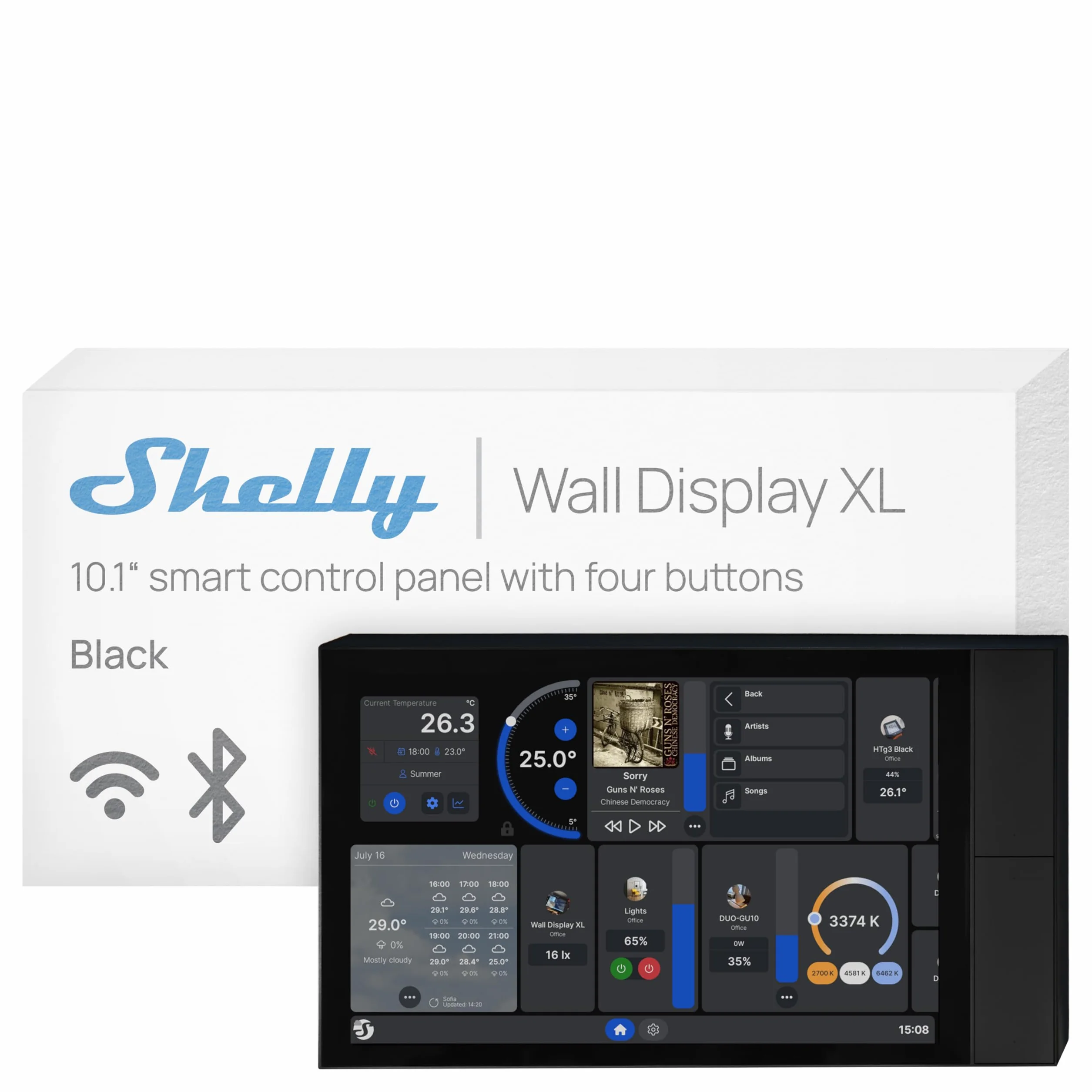 Shelly Wall Display XL Noir Panneau de Commande Domotique Wi-Fi Écran Tactile 6.95'' Interrupteur Connecté 5A Capteur Température Humidité Lumière