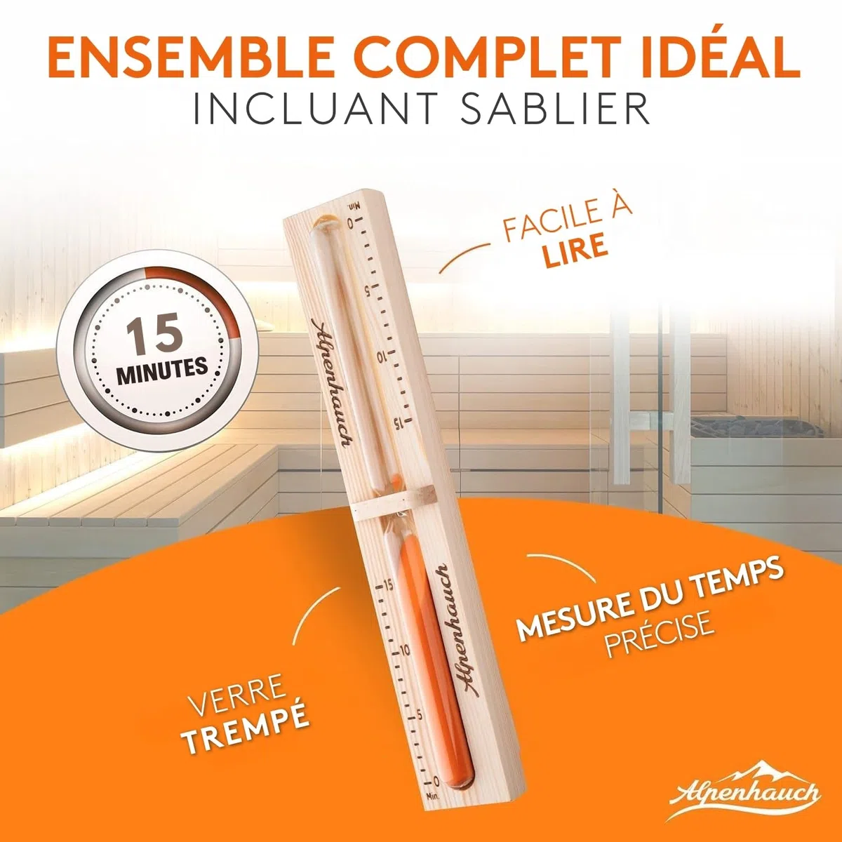 ALPENHAUCH Seau de sauna bois naturel avec cuillère, sablier, thermomètre – Set de seaux à verser