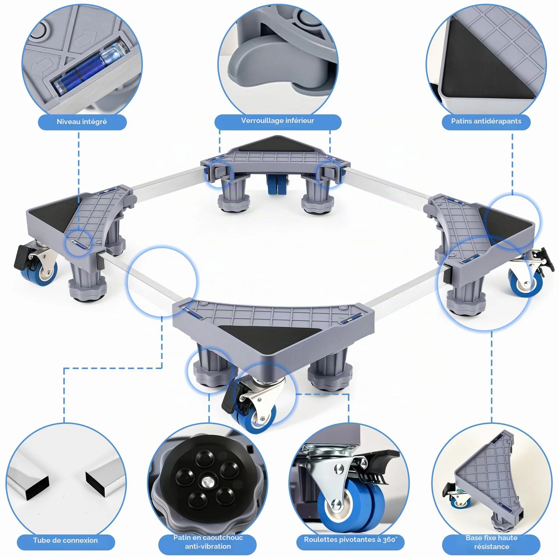 Support Machine à Laver Réglable 42-66 cm Socle Lave Linge 8 Pieds 4 Roues Base Antidérapante 300 kg