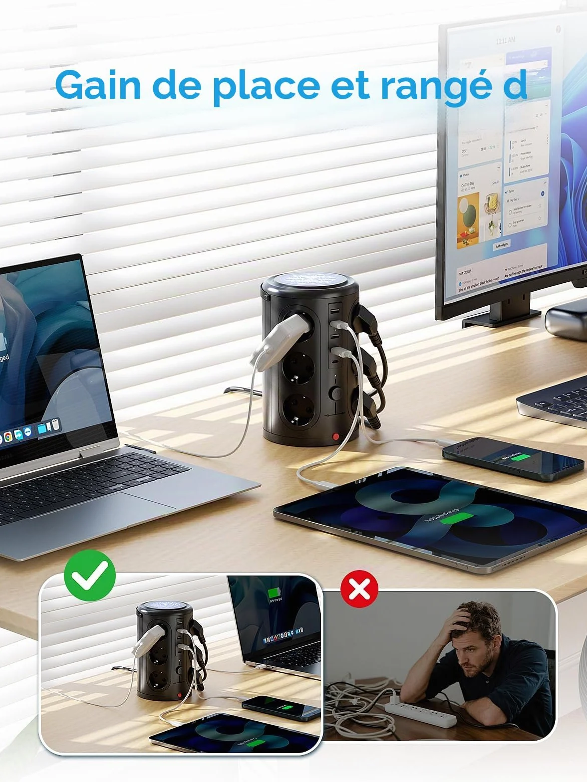 Tour Multiprise Parafoudre 12 Prises 5 USB 2M Cordon Noir