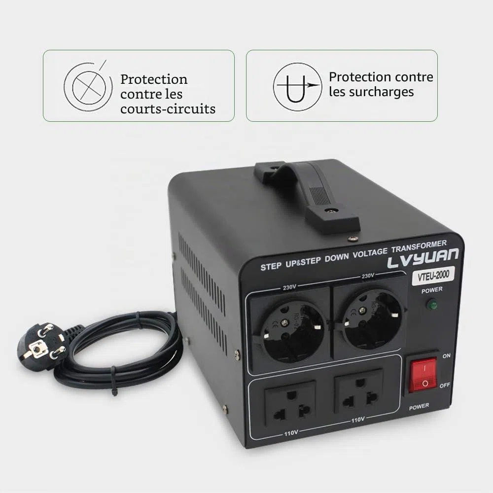 Cantonape Convertisseur de tension 2000VA 220V-110V Transformateur élévateur réducteur 2000W US Sortie 110V 120V 220V 230V