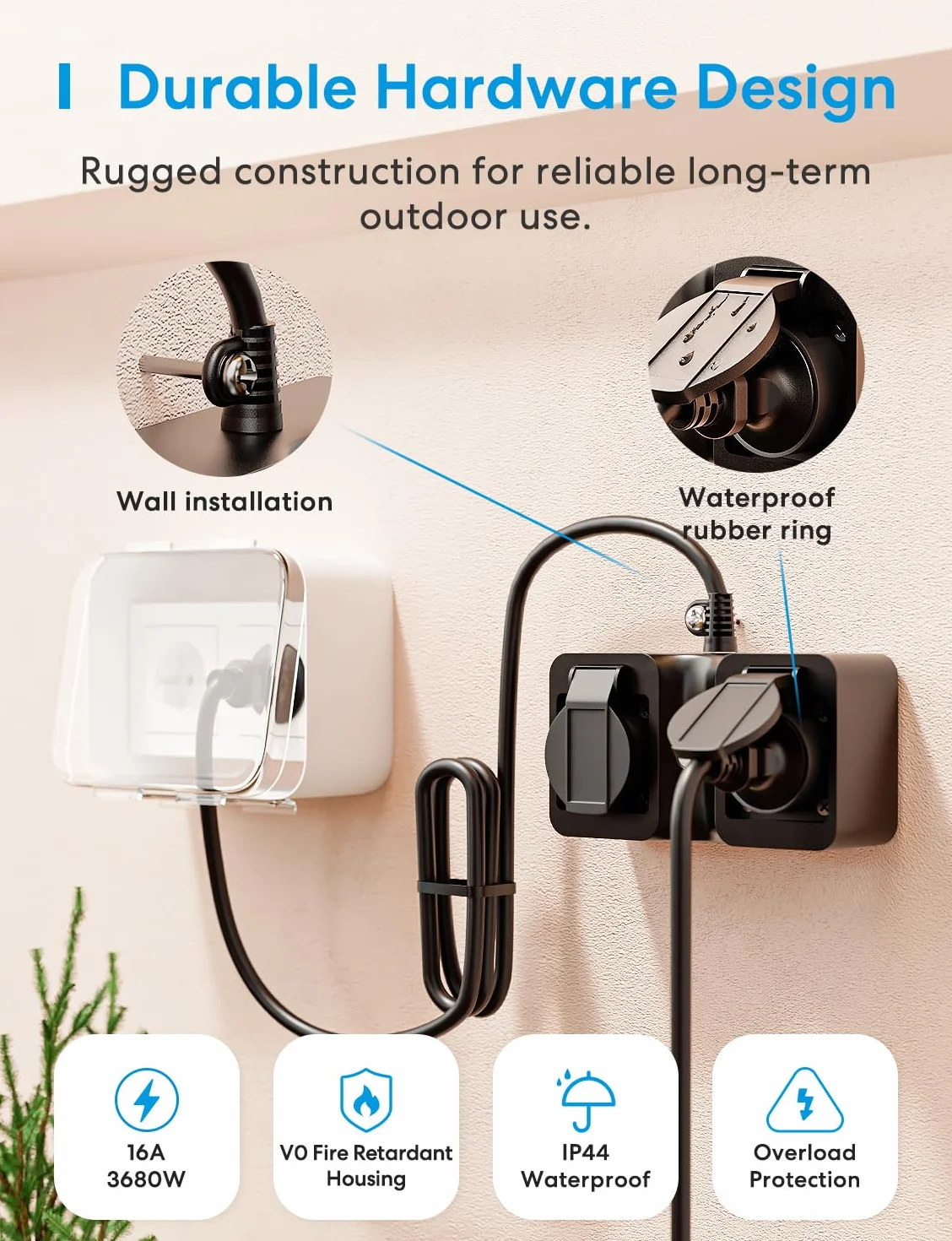 Meross Multiprise Connectée Extérieure WiFi IP44 Compatible Apple Home Alexa Google Home