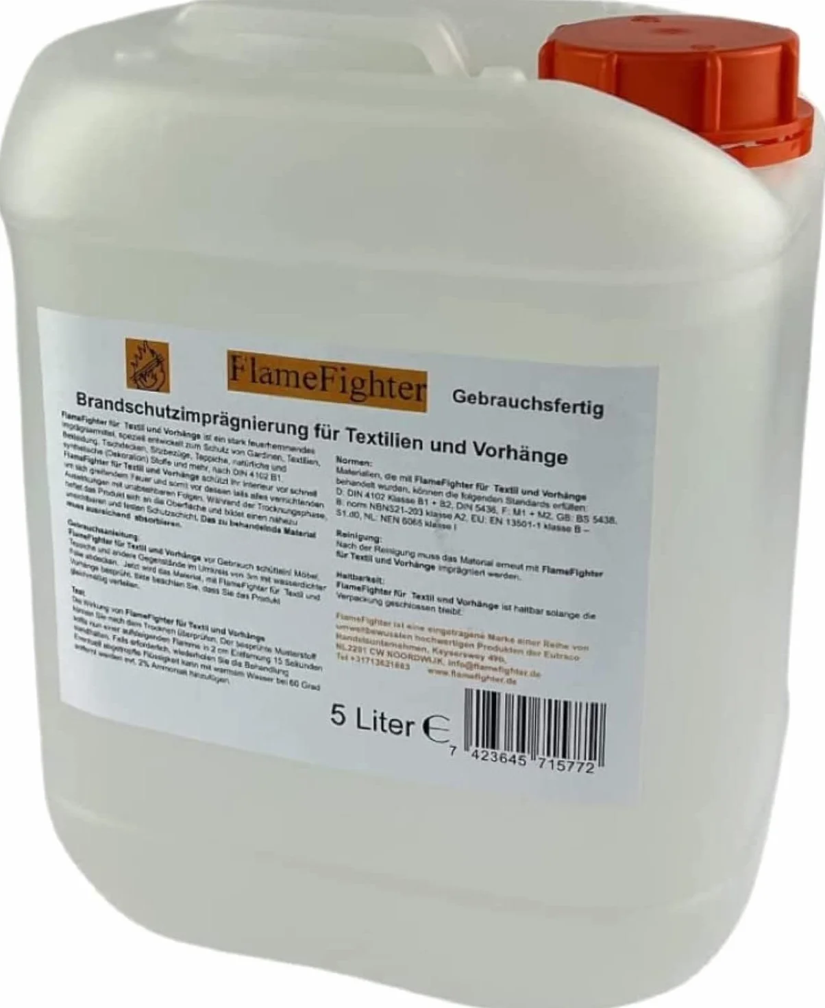 FlameFighter Imprégnation Ignifuge 5 litres Textiles Rideaux Protection Incendie DIN 4102 B1