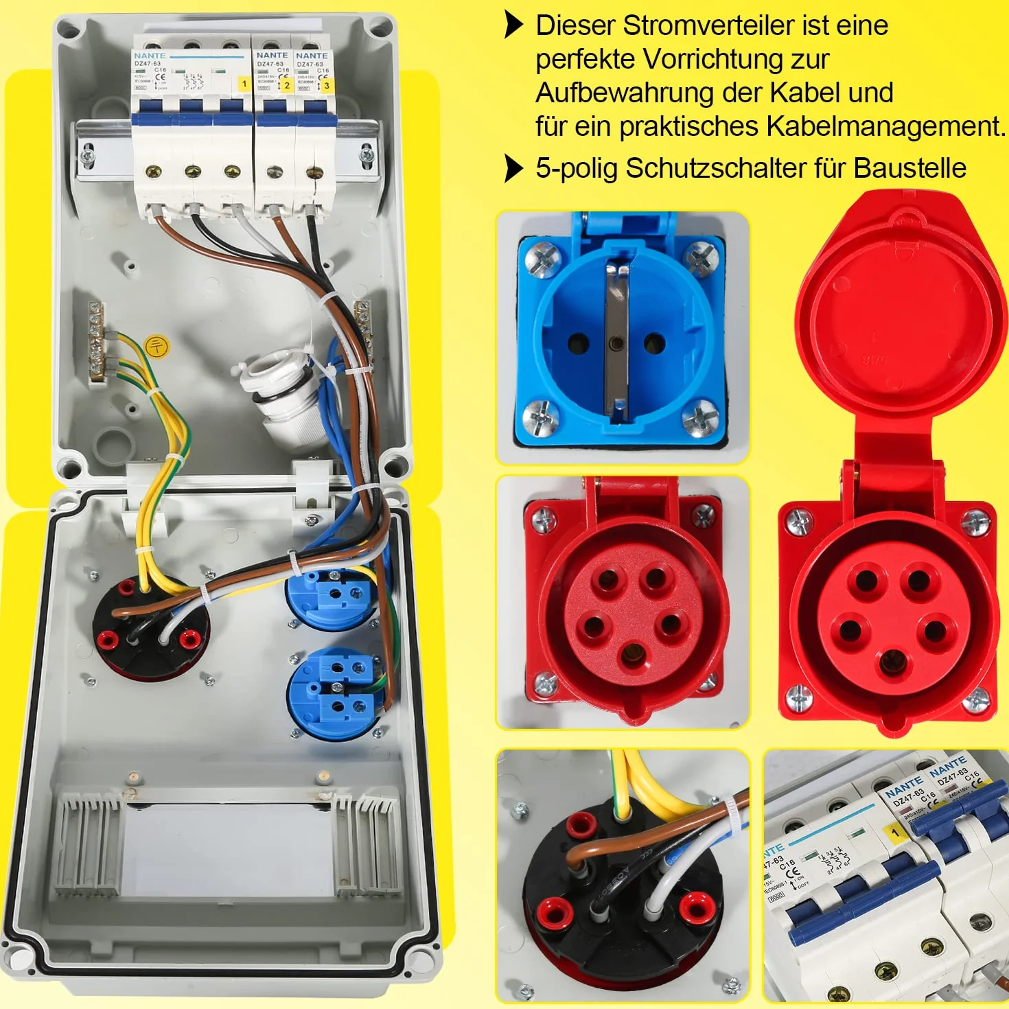 Fiqops Répartiteur d'alimentation 16 A mural avec interrupteur LS, FI, 2 x 16 A 230 V + 1 x CEE 16 A 400 V 5 broches